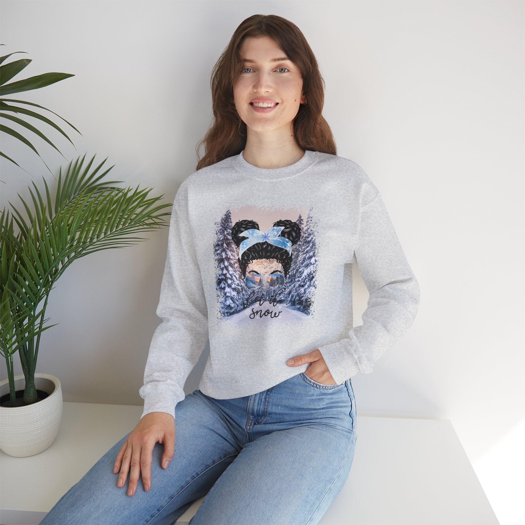 Let it Snow Winter Trail, Black Hair Messy Bun, Unisex Heavy Blend™ Crewneck Sweatshirt