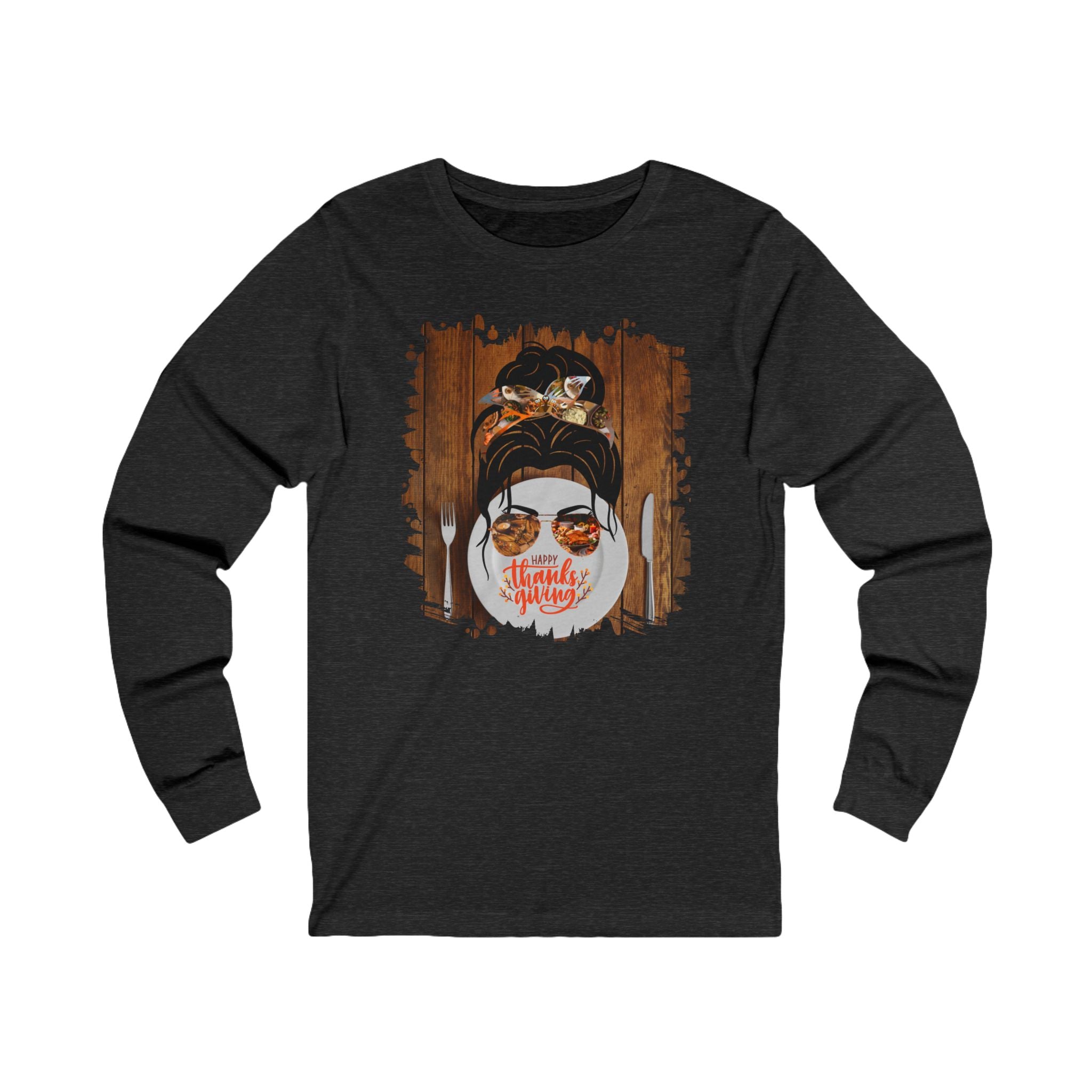 Happy Thanksgiving Plate Setting, Dark Hair Messy Bun, Unisex Jersey Long Sleeve Tee