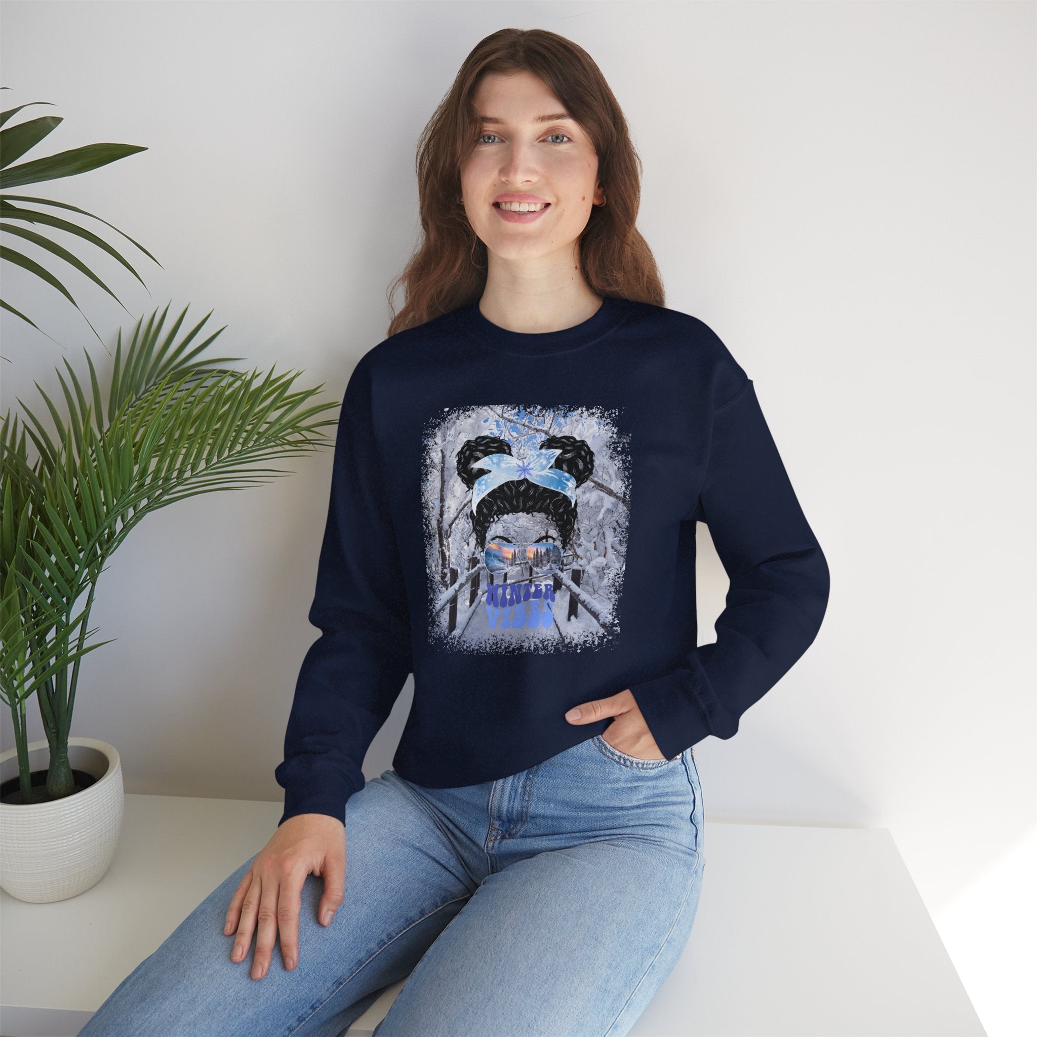 Winter Vibes Winter Hike, Black Hair Messy Bun, Unisex Heavy Blend™ Crewneck Sweatshirt