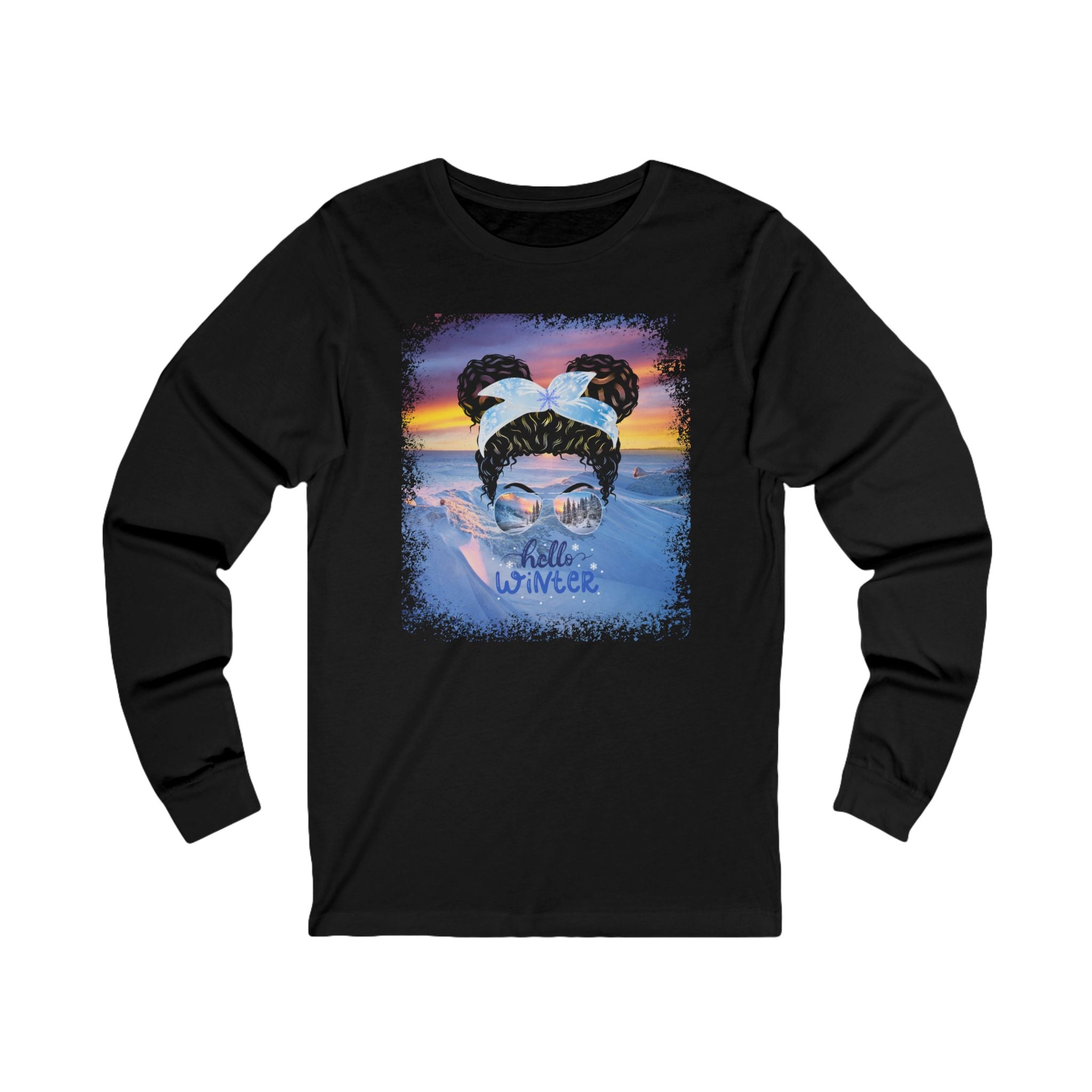 Hello Winter, Winter Mountain, Black Hair Messy Bun, Unisex Jersey Long Sleeve Tee