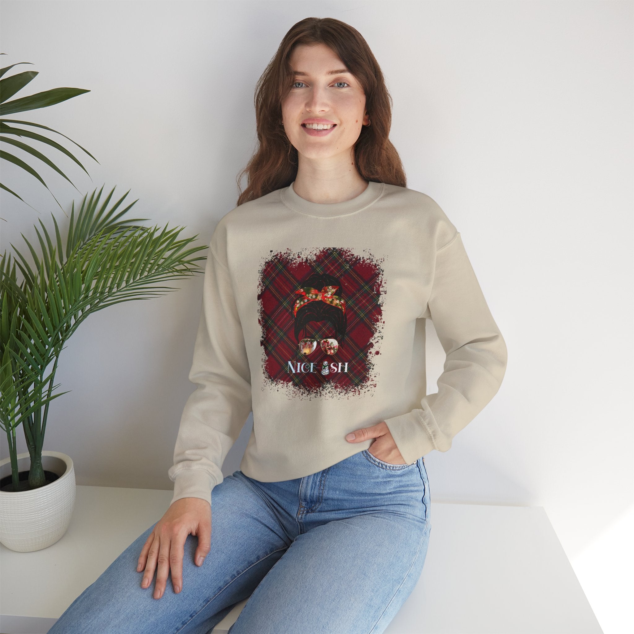 Nice-ish Christmas Plaid, Dark Hair Messy Bun, Unisex Heavy Blend™ Crewneck Sweatshirt