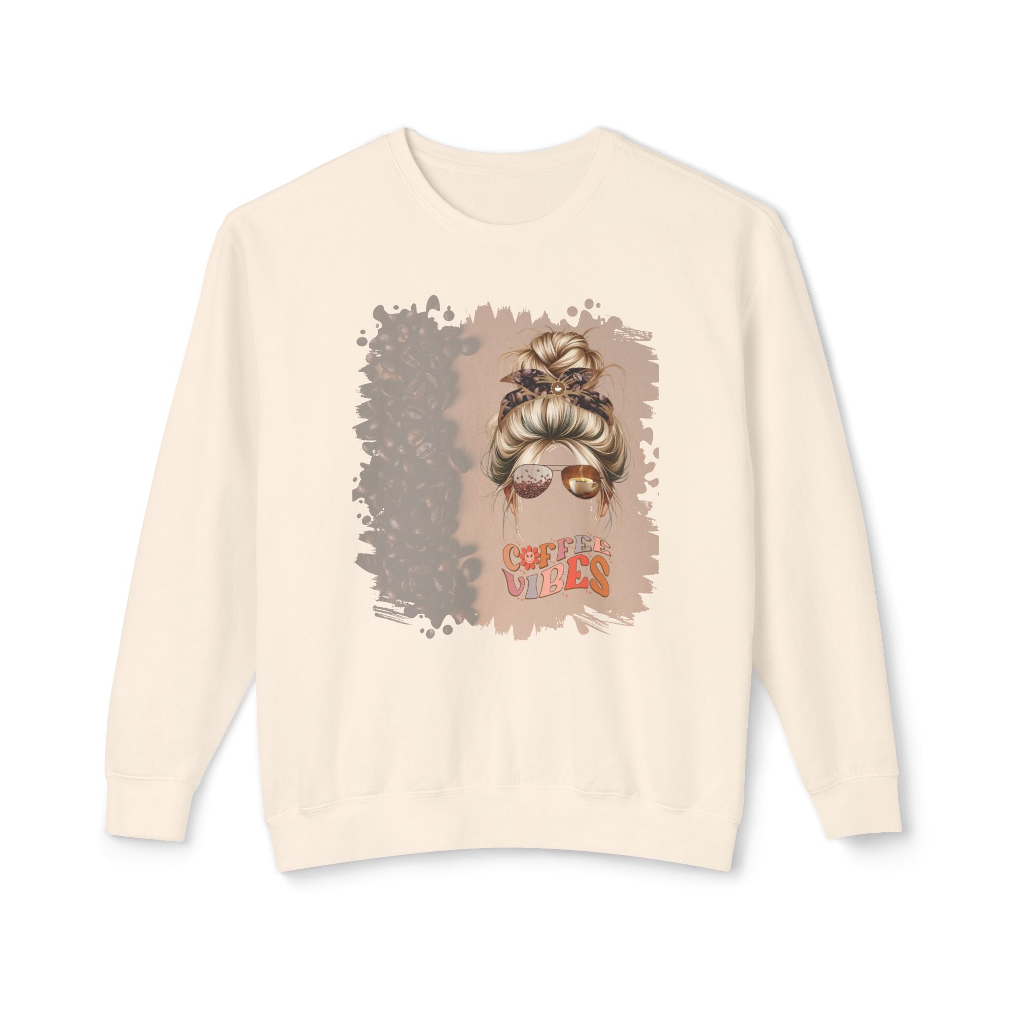 Coffee Vibes, Coffee Beans Shade, Blond Hair Messy Bun, Unisex Lightweight Crewneck Sweatshirt