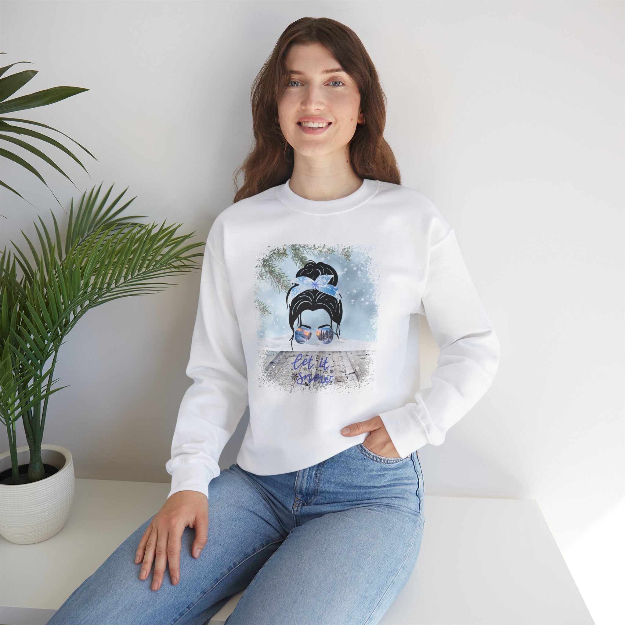 Let it Snow, Snowy Porch, Dark Hair Messy Bun, Unisex Heavy Blend™ Crewneck Sweatshirt