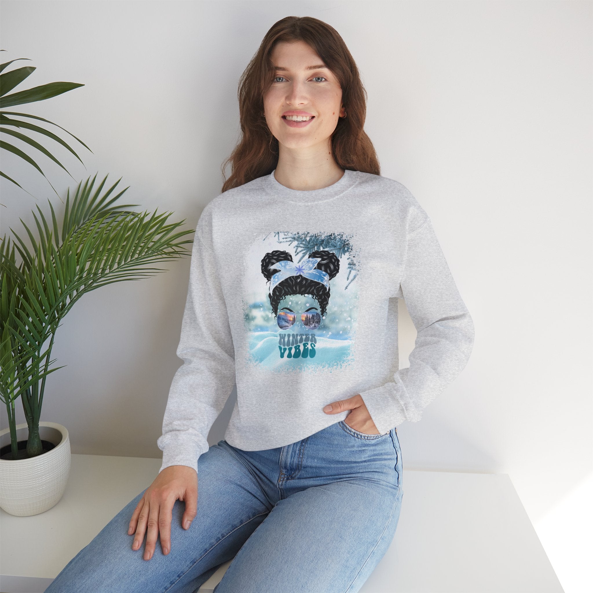 Winter Vibes Snow, Black Hair Messy Bun, Unisex Heavy Blend™ Crewneck Sweatshirt