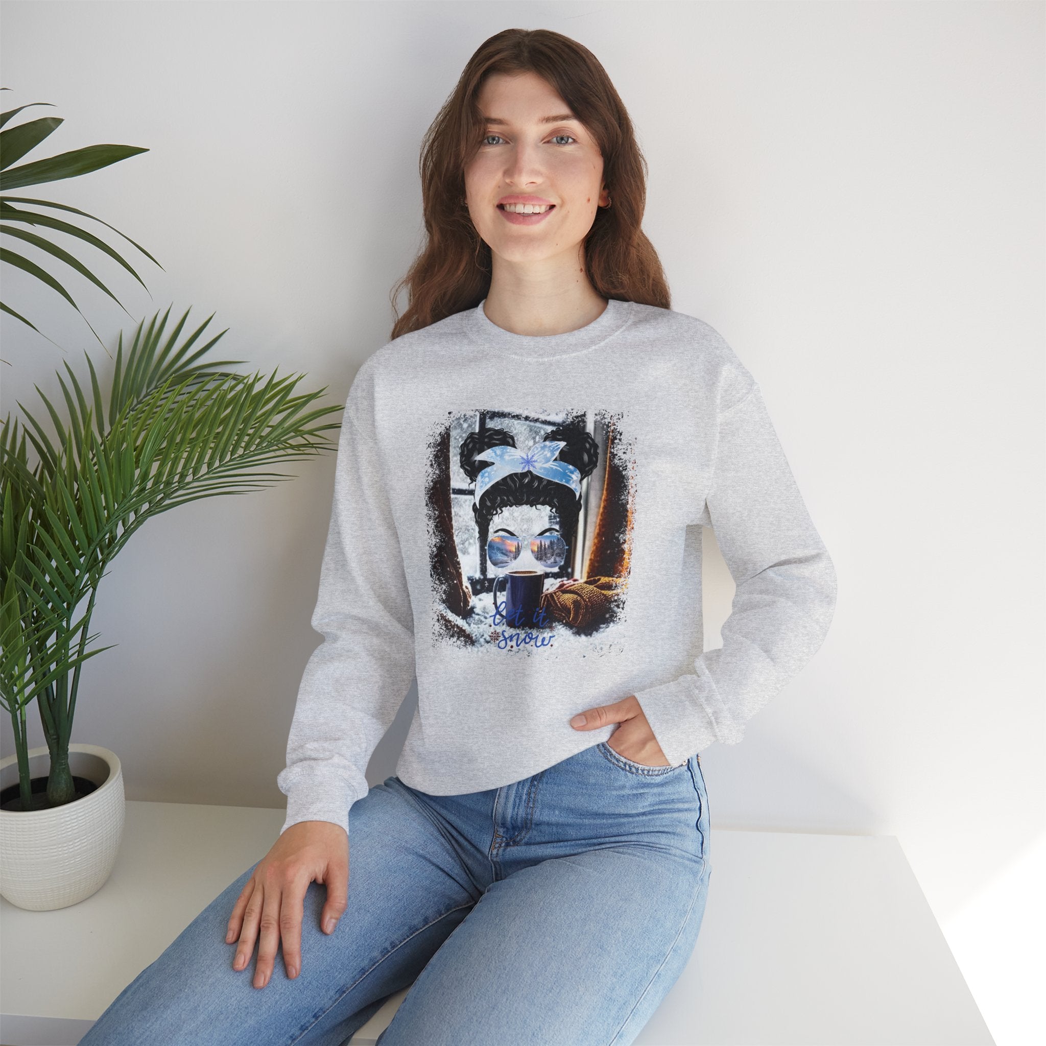 Let it Snow Winter Sweater, Black Hair Messy Bun, Unisex Heavy Blend™ Crewneck Sweatshirt