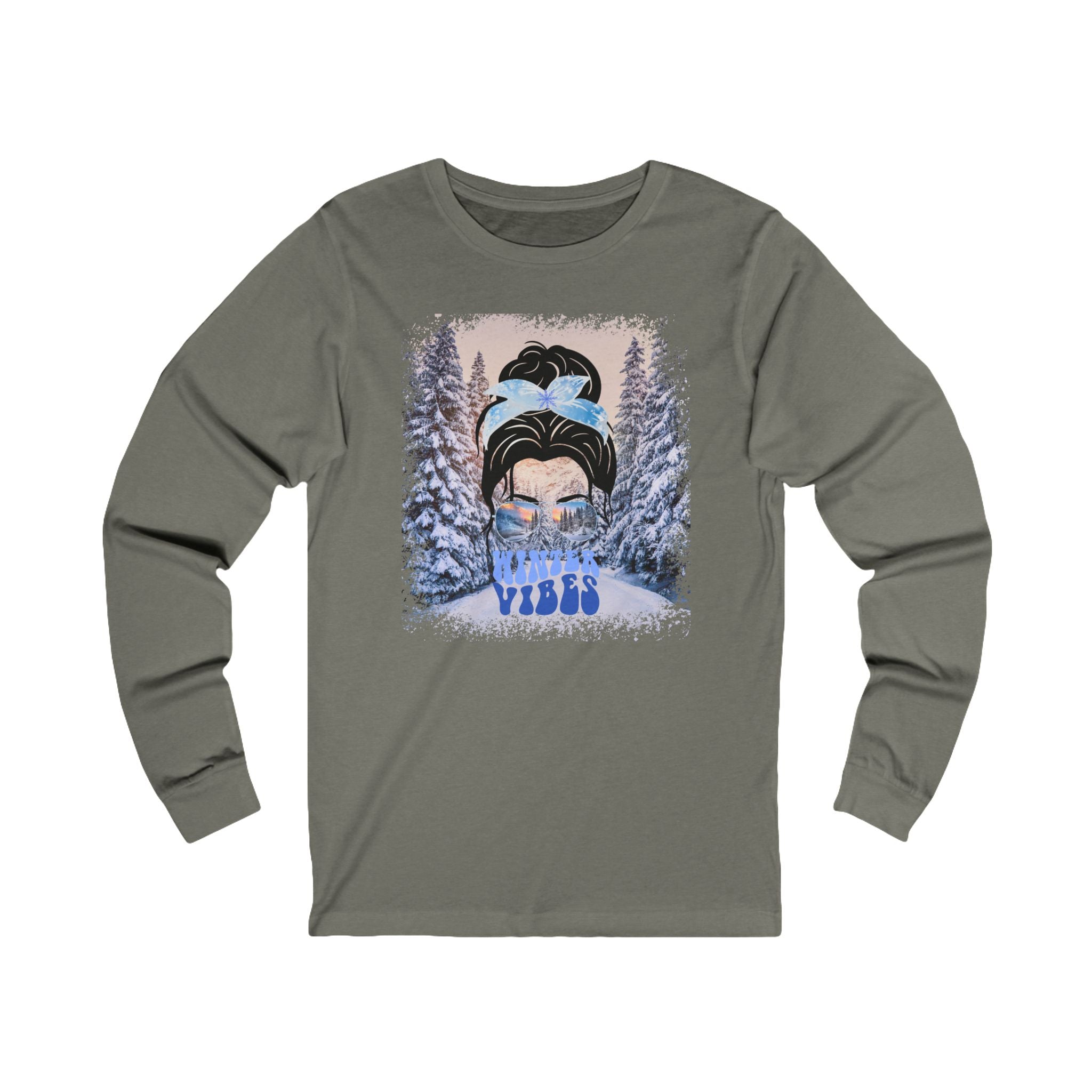 Winter Vibes Winter Trail, Dark Hair Messy Bun, Unisex Jersey Long Sleeve Tee