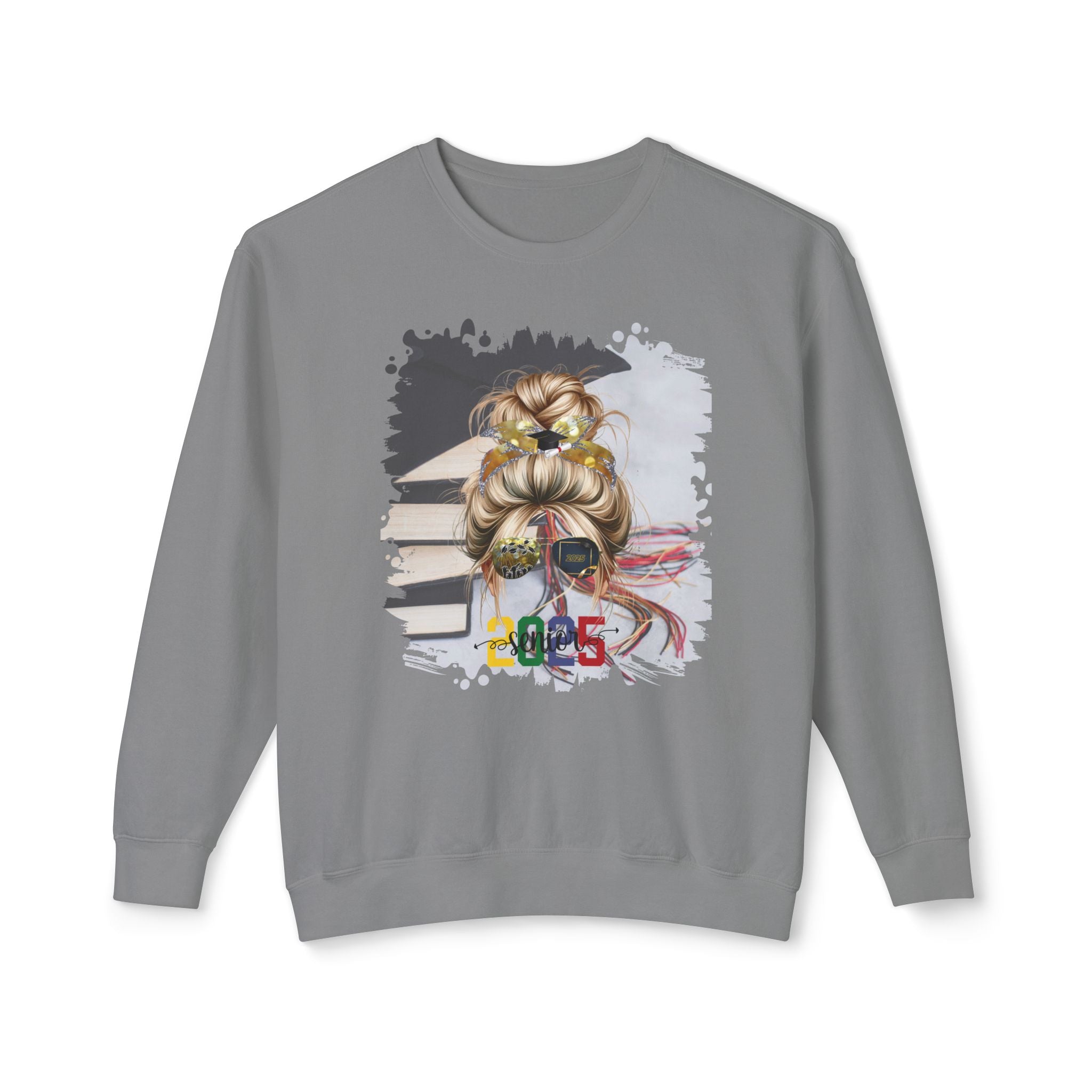 Senior 2025 Colorful, Cap & Books, Blond Hair Messy Bun, Unisex Lightweight Crewneck Sweatshirt
