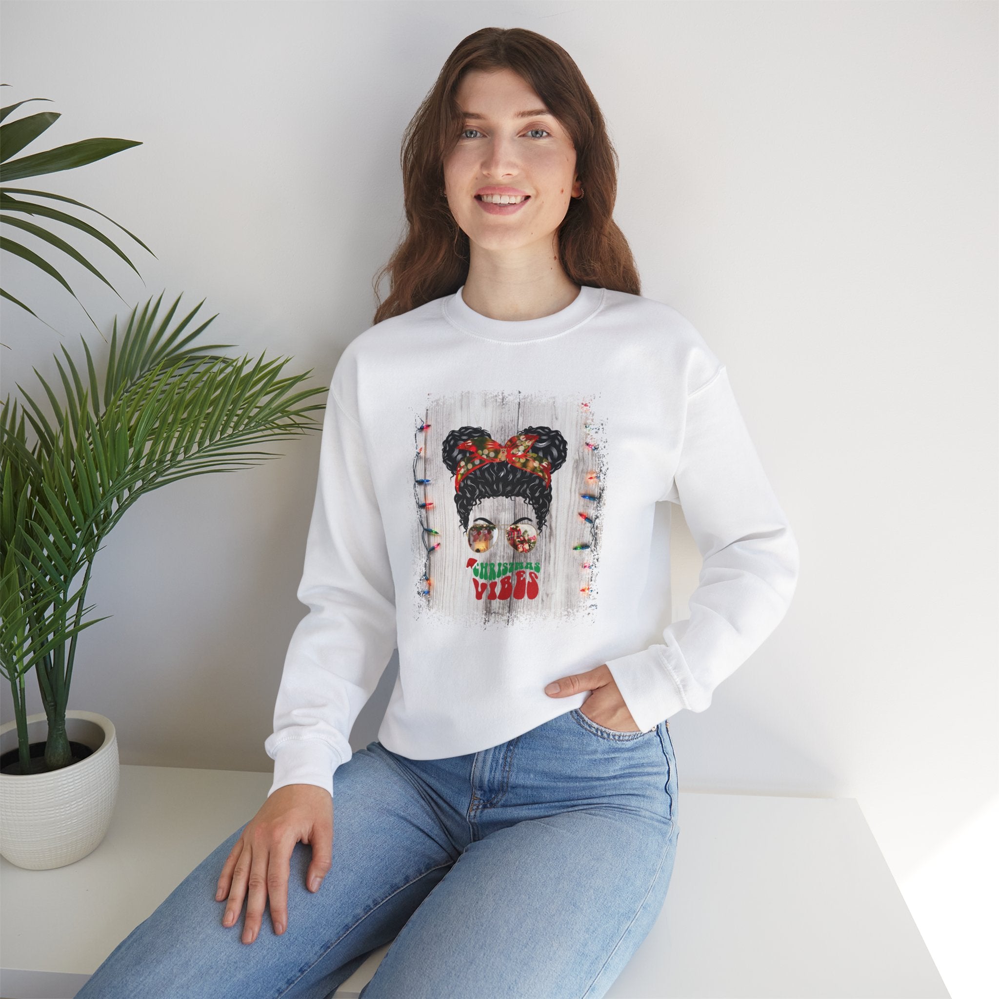 Christmas Vibes Christmas String Lights, Black Hair Messy Bun, Unisex Heavy Blend™ Crewneck Sweatshirt