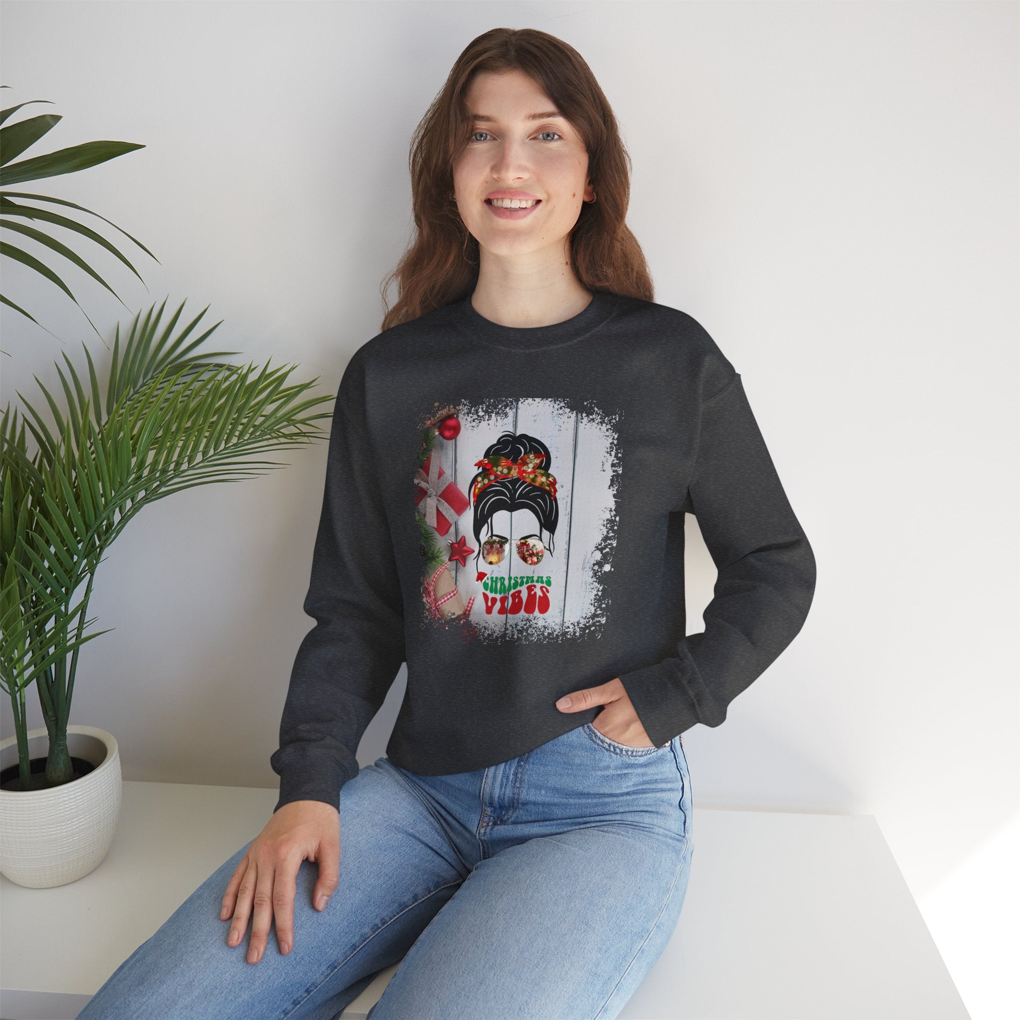 Christmas Vibes Christmas Presents, Dark Hair Messy Bun, Unisex Heavy Blend™ Crewneck Sweatshirt