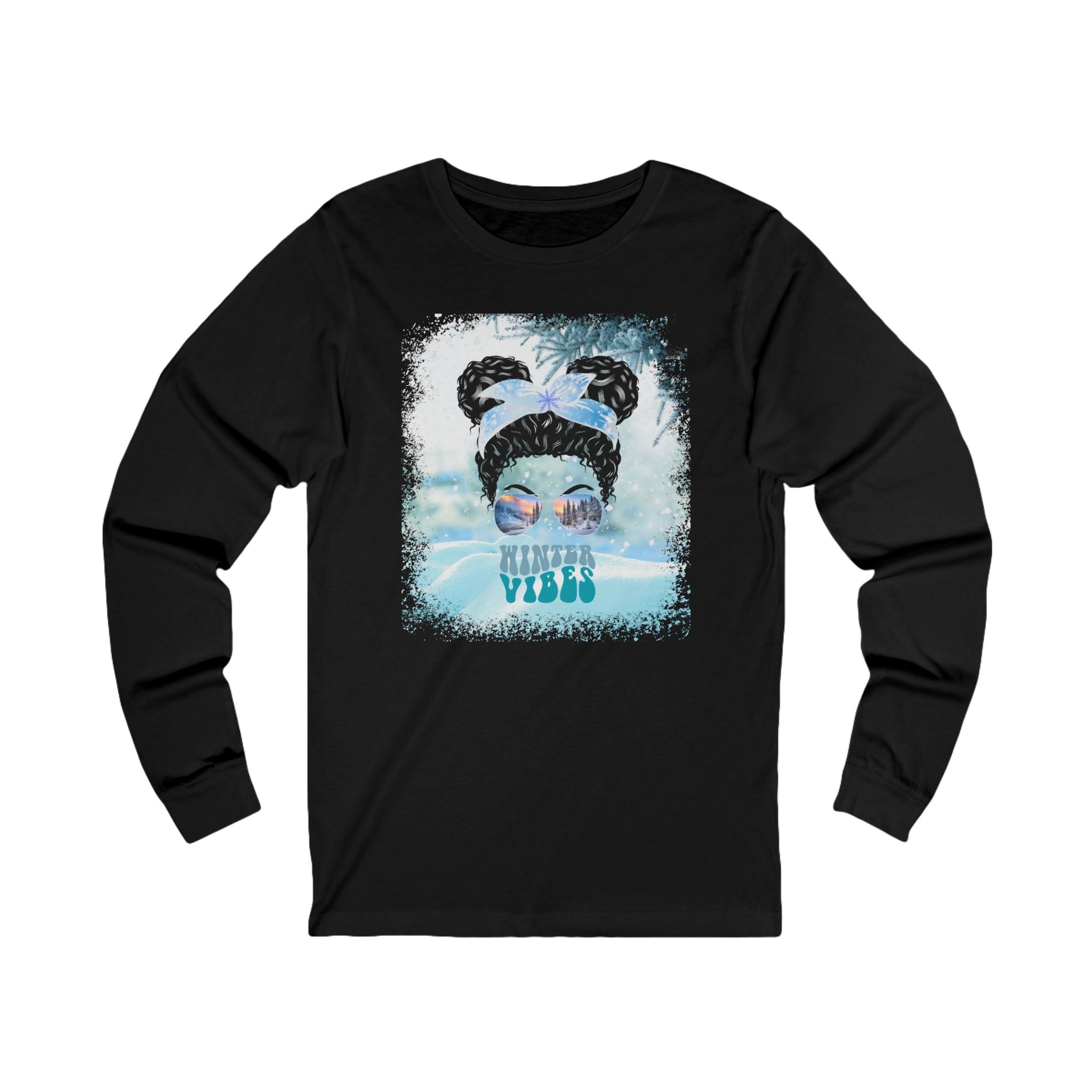 Winter Vibes Snow, Black Hair Messy Bun, Unisex Jersey Long Sleeve Tee