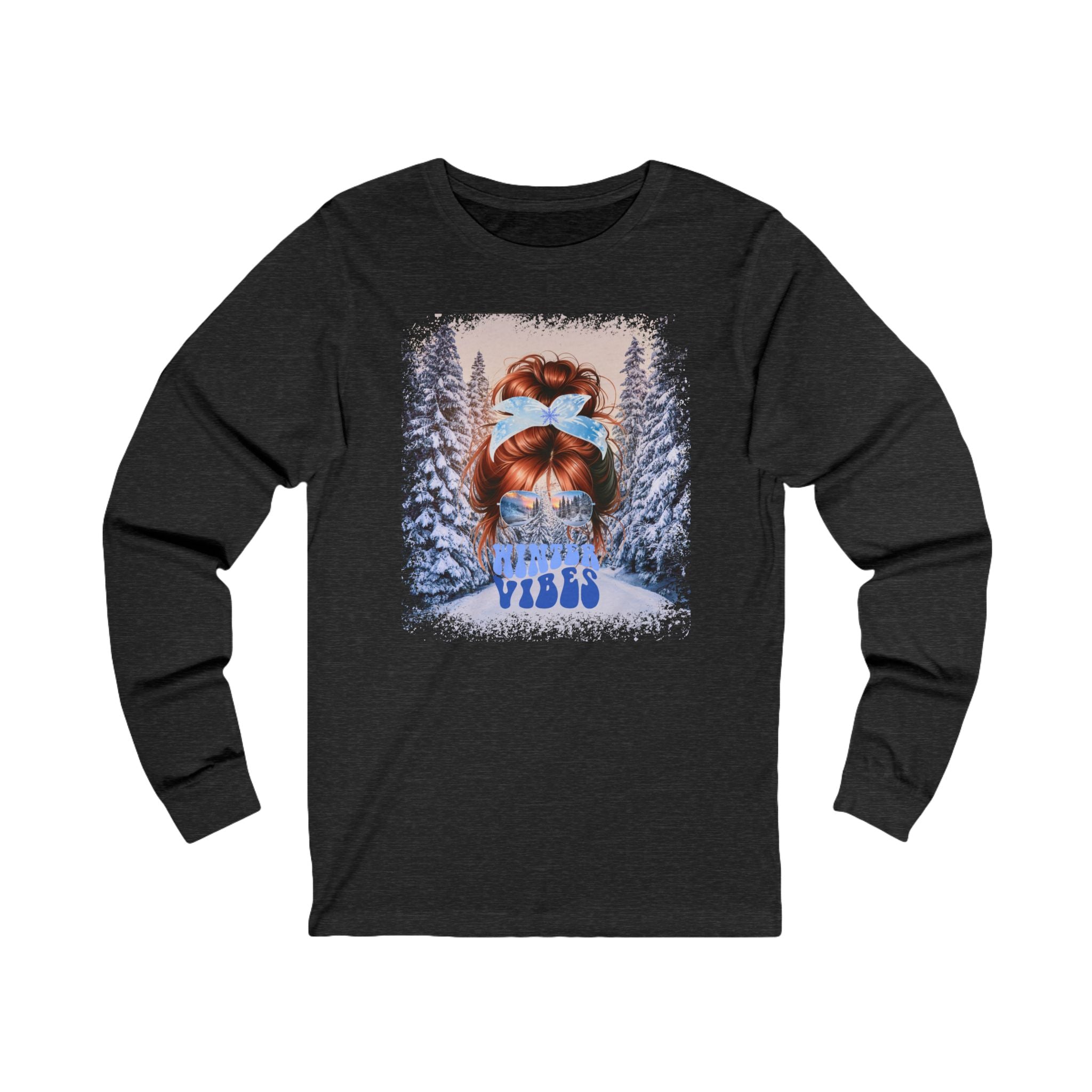 Winter Vibes Winter Trail, Red Hair Messy Bun, Unisex Jersey Long Sleeve Tee