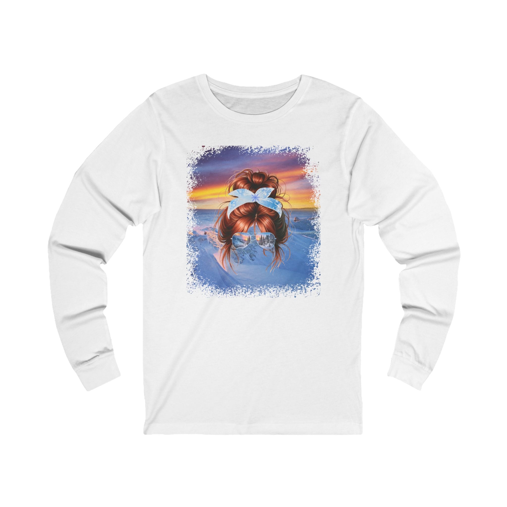 Winter Mountain, Red Hair Messy Bun, Unisex Jersey Long Sleeve Tee