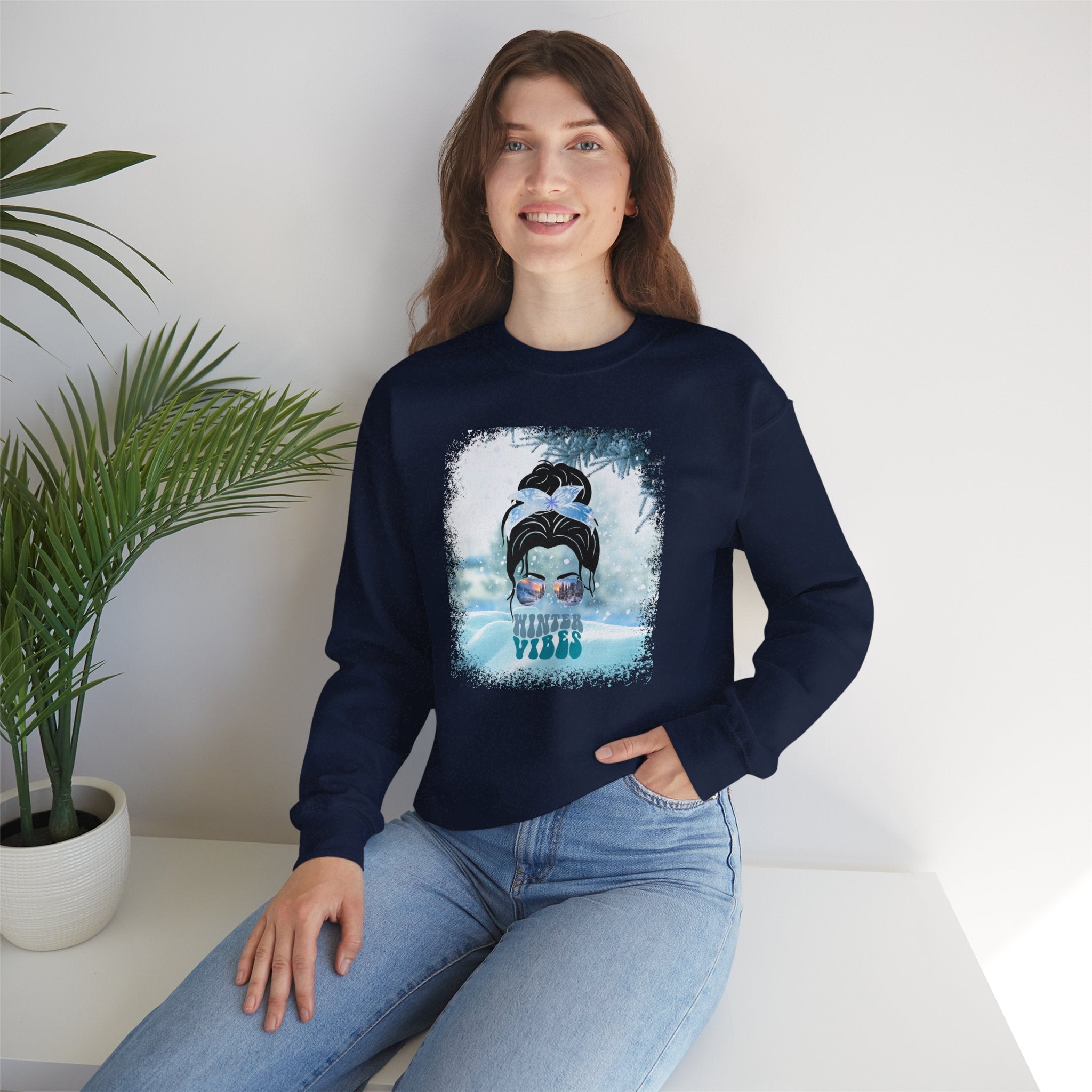 Winter Vibes Snow, Dark Hair Messy Bun, Unisex Heavy Blend™ Crewneck Sweatshirt