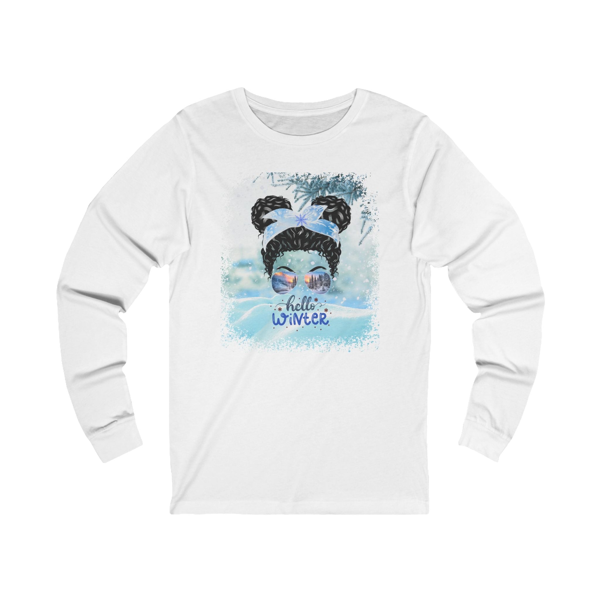 Hello Winter Snow, Black Hair Messy Bun, Unisex Jersey Long Sleeve Tee