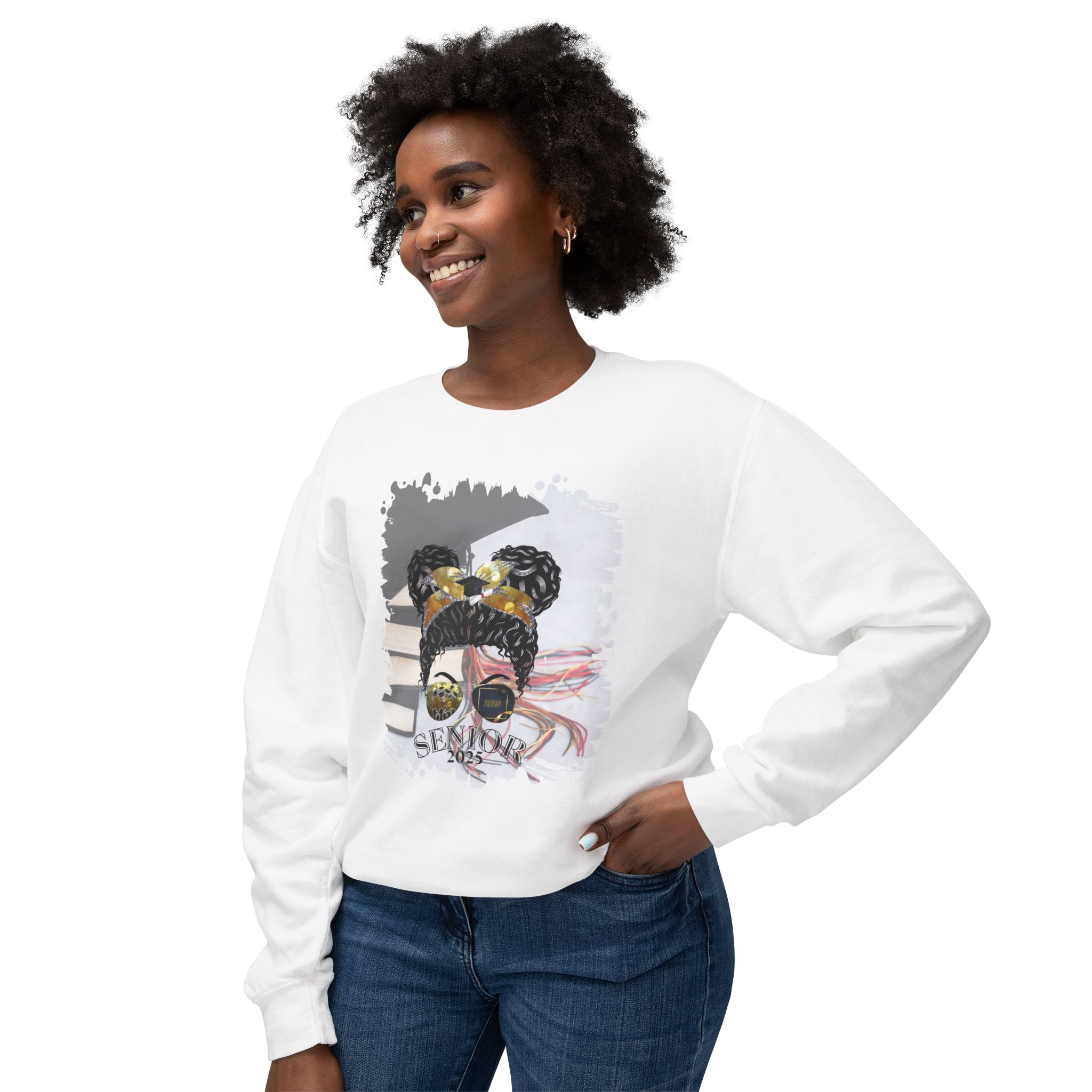 Senior 2025, Cap & Books, Black Hair Messy Bun, Unisex Lightweight Crewneck Sweatshirt