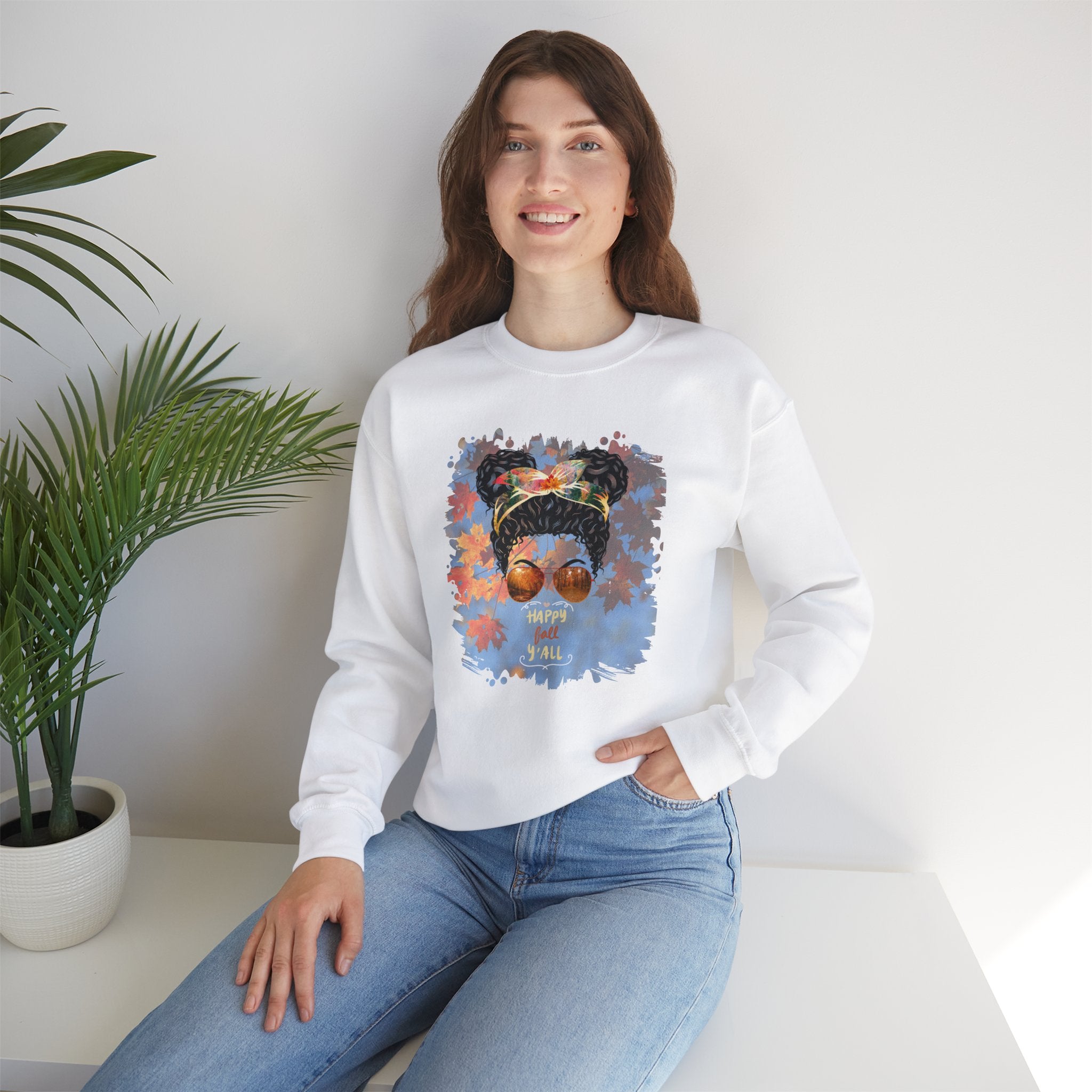 Happy Fall Y'all Fall Sky, Black Hair Messy Bun, Unisex Heavy Blend™ Crewneck Sweatshirt