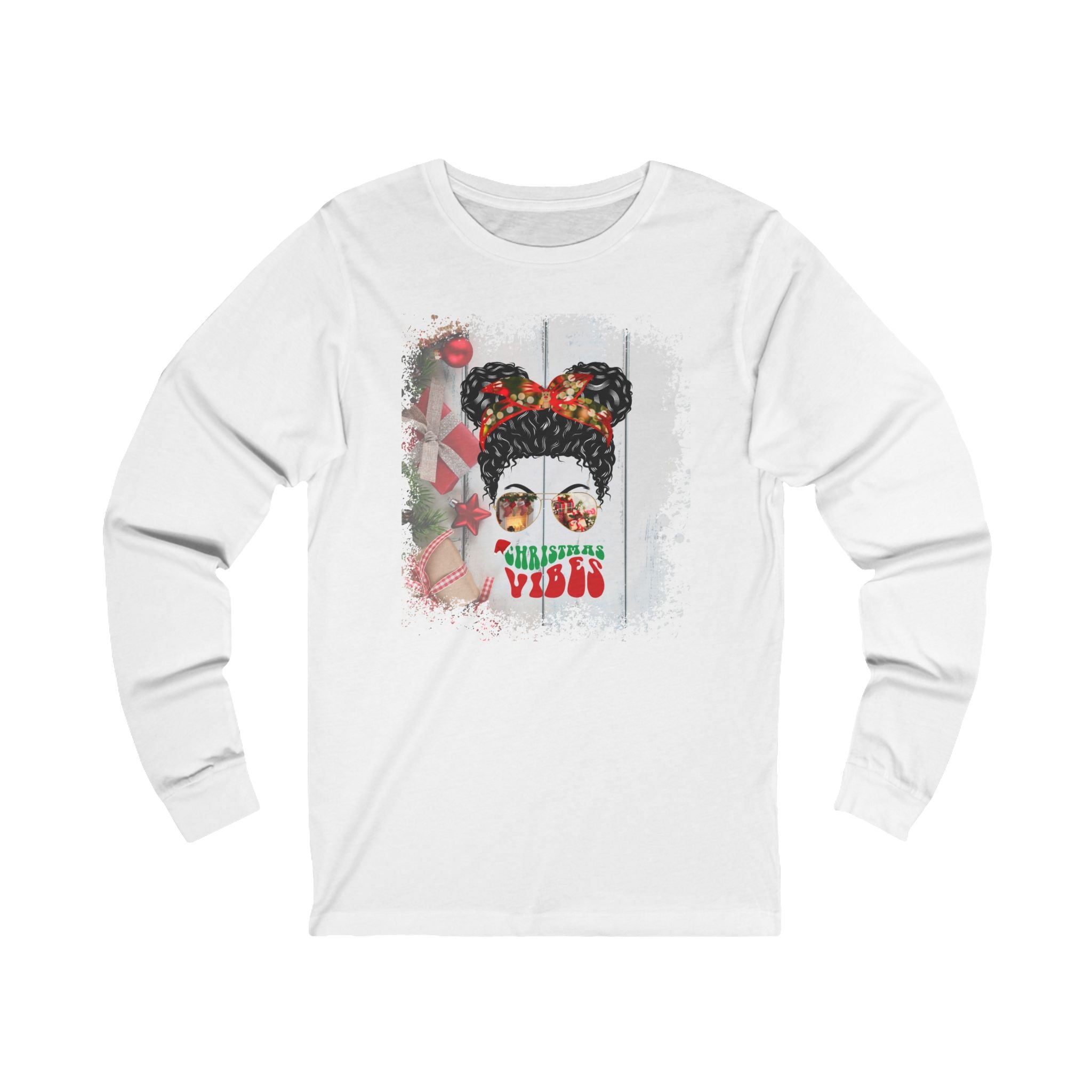 Christmas Vibes Christmas Presents, Black Hair Messy Bun, Unisex Jersey Long Sleeve Tee