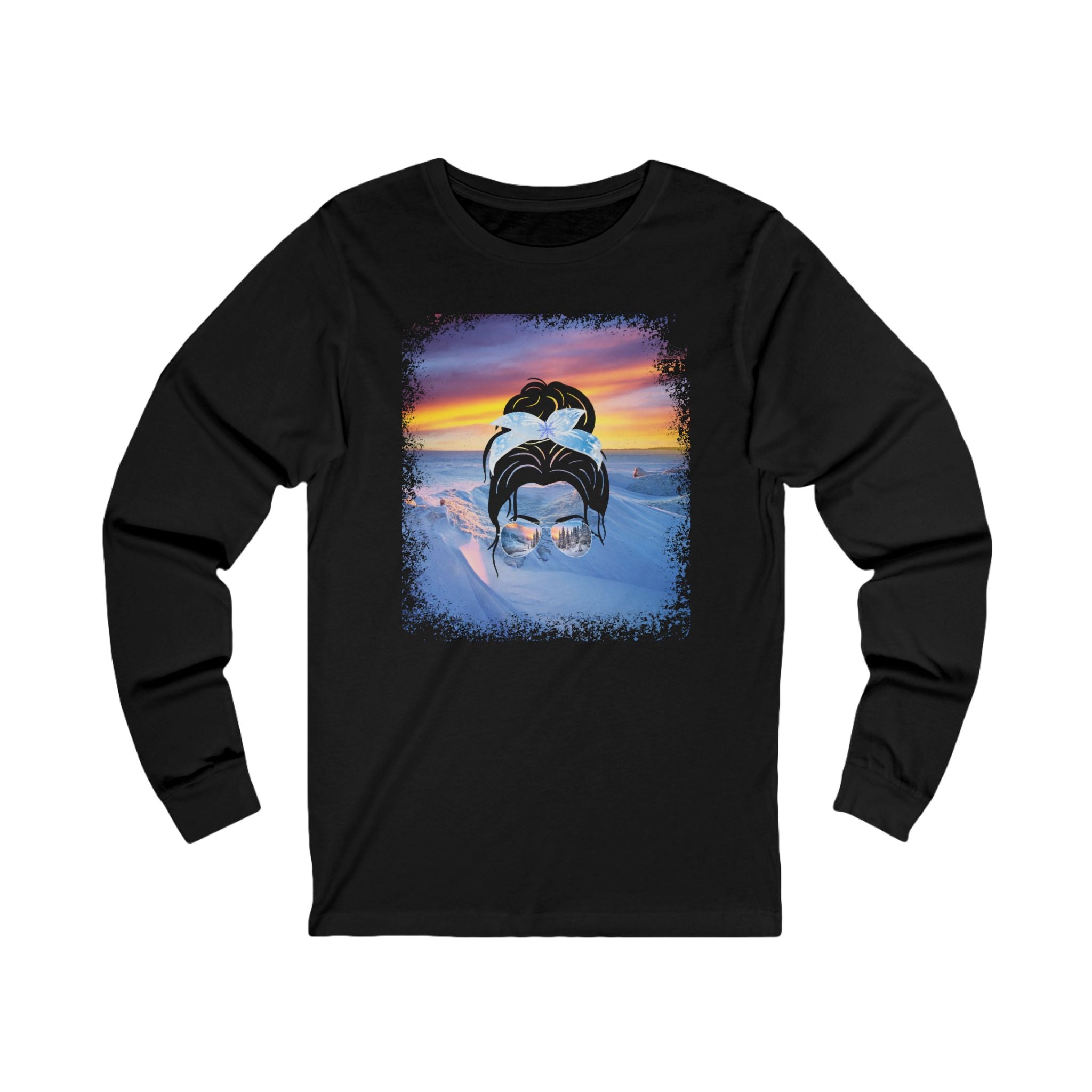 Winter Mountain, Dark Hair Messy Bun, Unisex Jersey Long Sleeve Tee