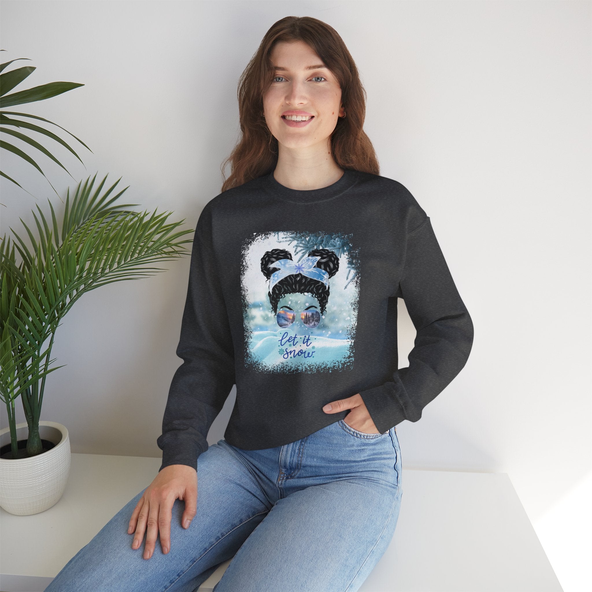 Let it Snow, Snow, Black Hair Messy Bun, Unisex Heavy Blend™ Crewneck Sweatshirt