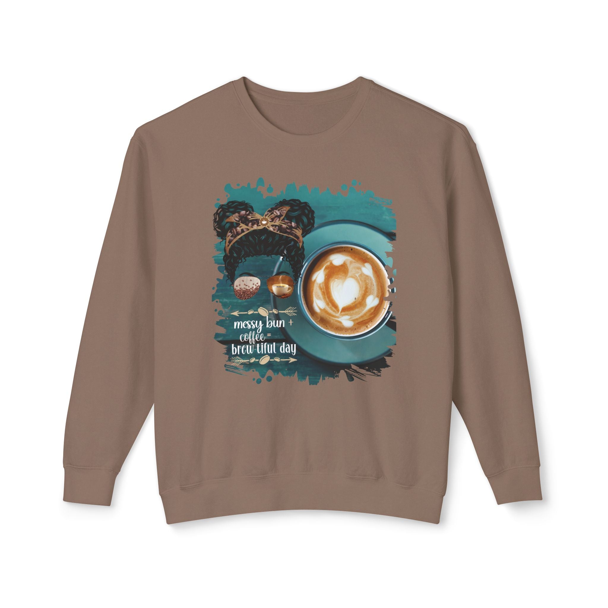 Messy Bun plus Coffee, Coffee Cup, Black Hair Messy Bun, Unisex Lightweight Crewneck Sweatshirt