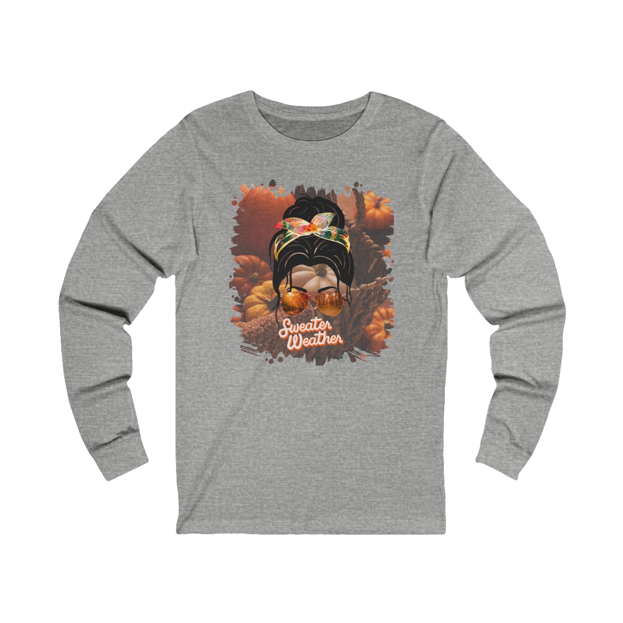 Sweater Weather Fall Pumpkins, Dark Hair Messy Bun, Unisex Jersey Long Sleeve Tee