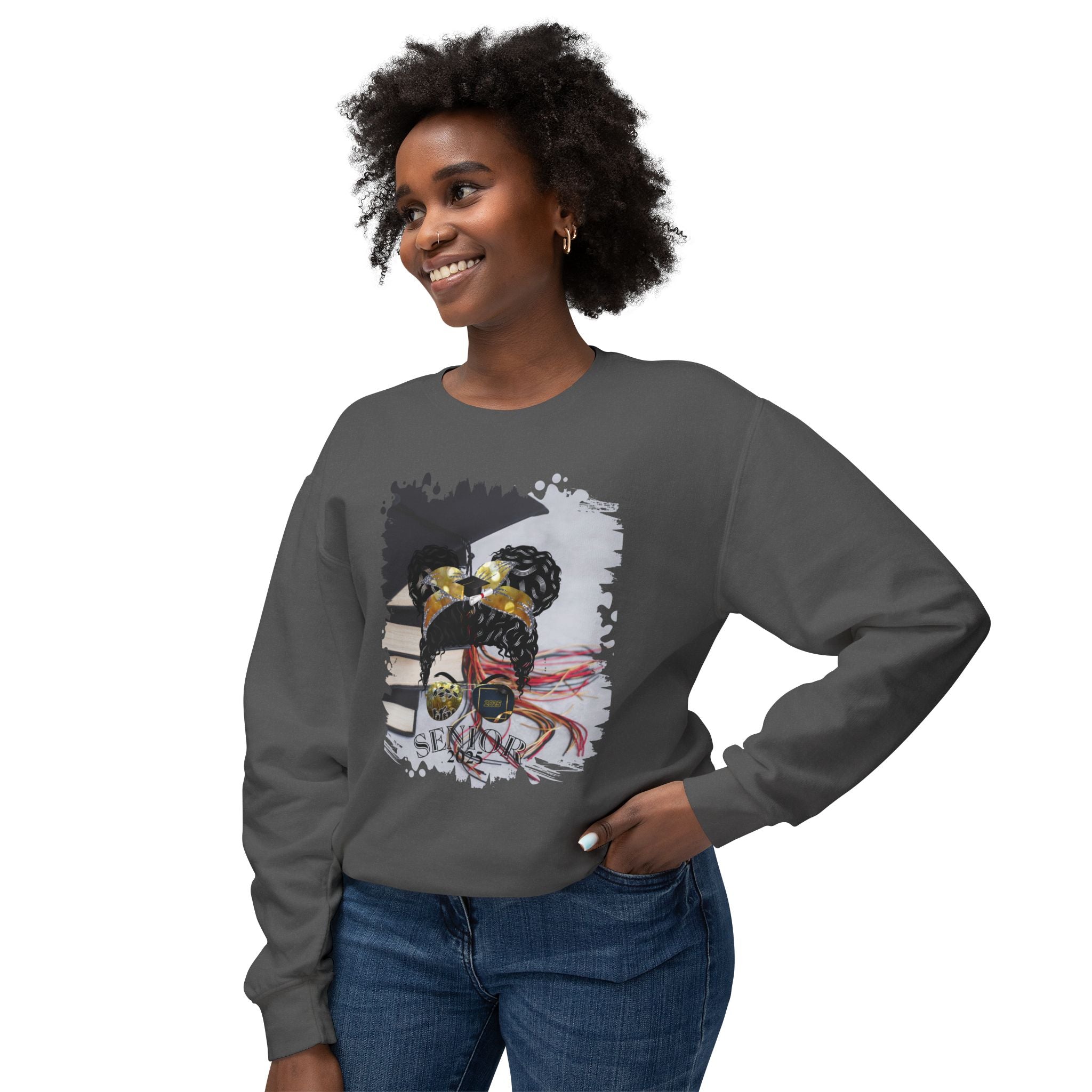 Senior 2025, Cap & Books, Black Hair Messy Bun, Unisex Lightweight Crewneck Sweatshirt