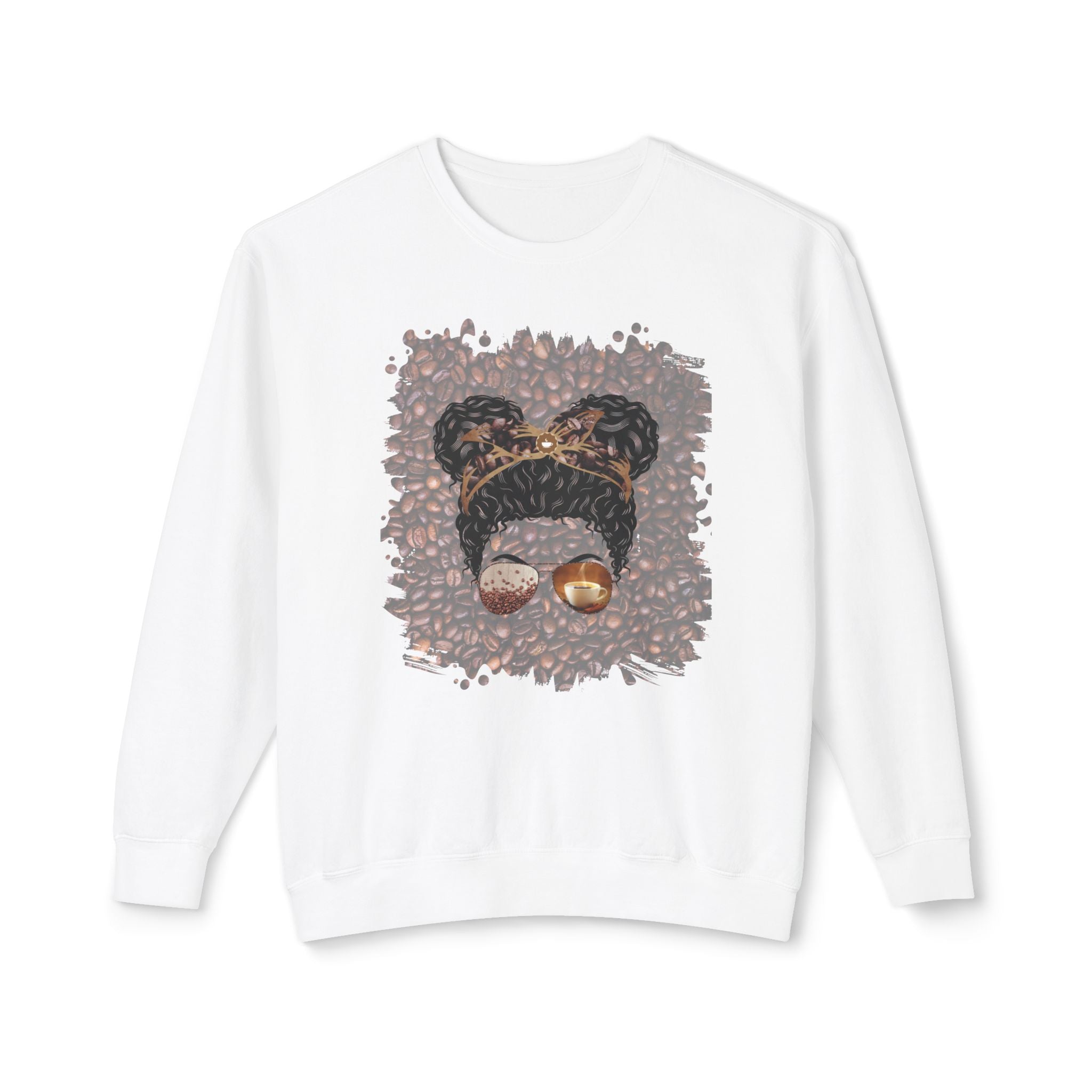 Coffee Beans, Black Hair Messy Bun, Unisex Lightweight Crewneck Sweatshirt