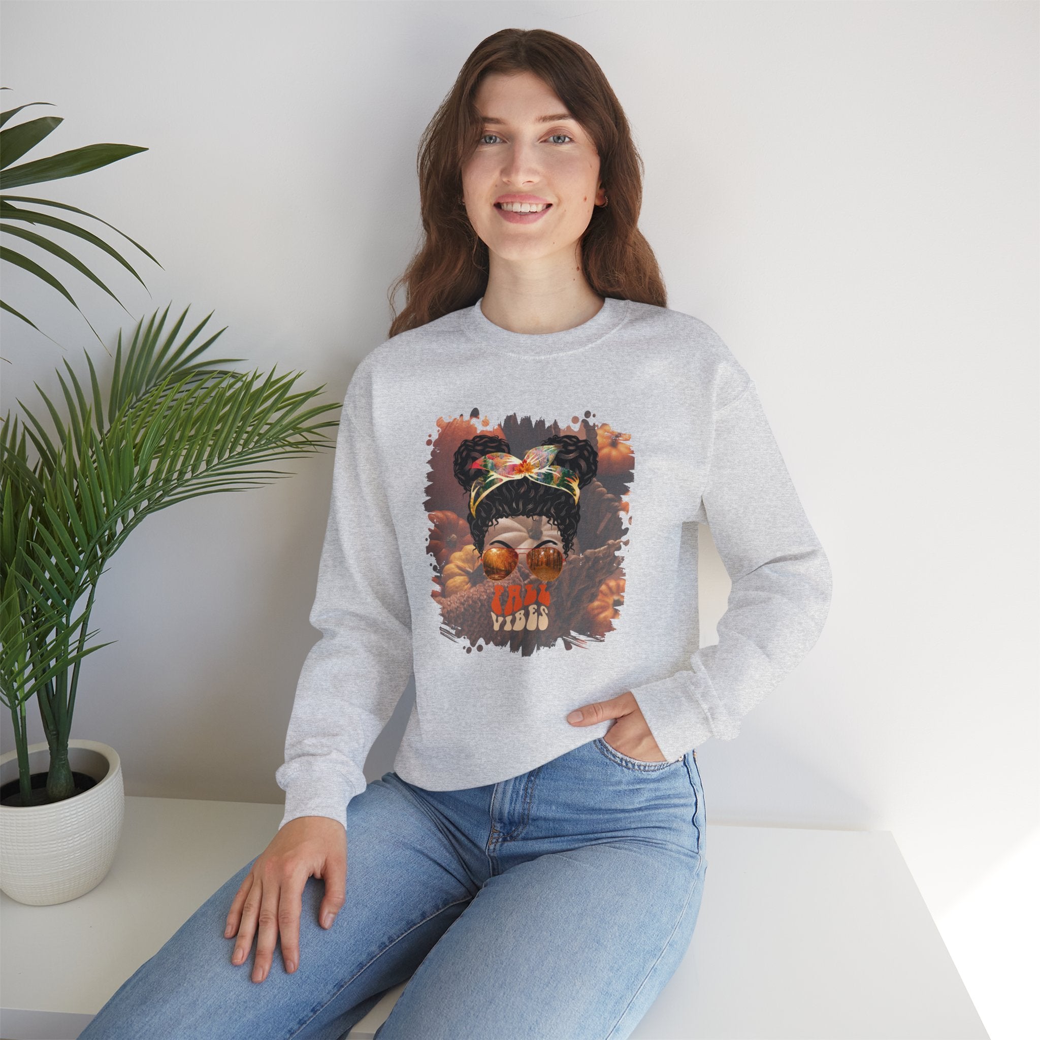 Fall Vibes Fall Pumpkins, Black Hair Messy Bun, Unisex Heavy Blend™ Crewneck Sweatshirt