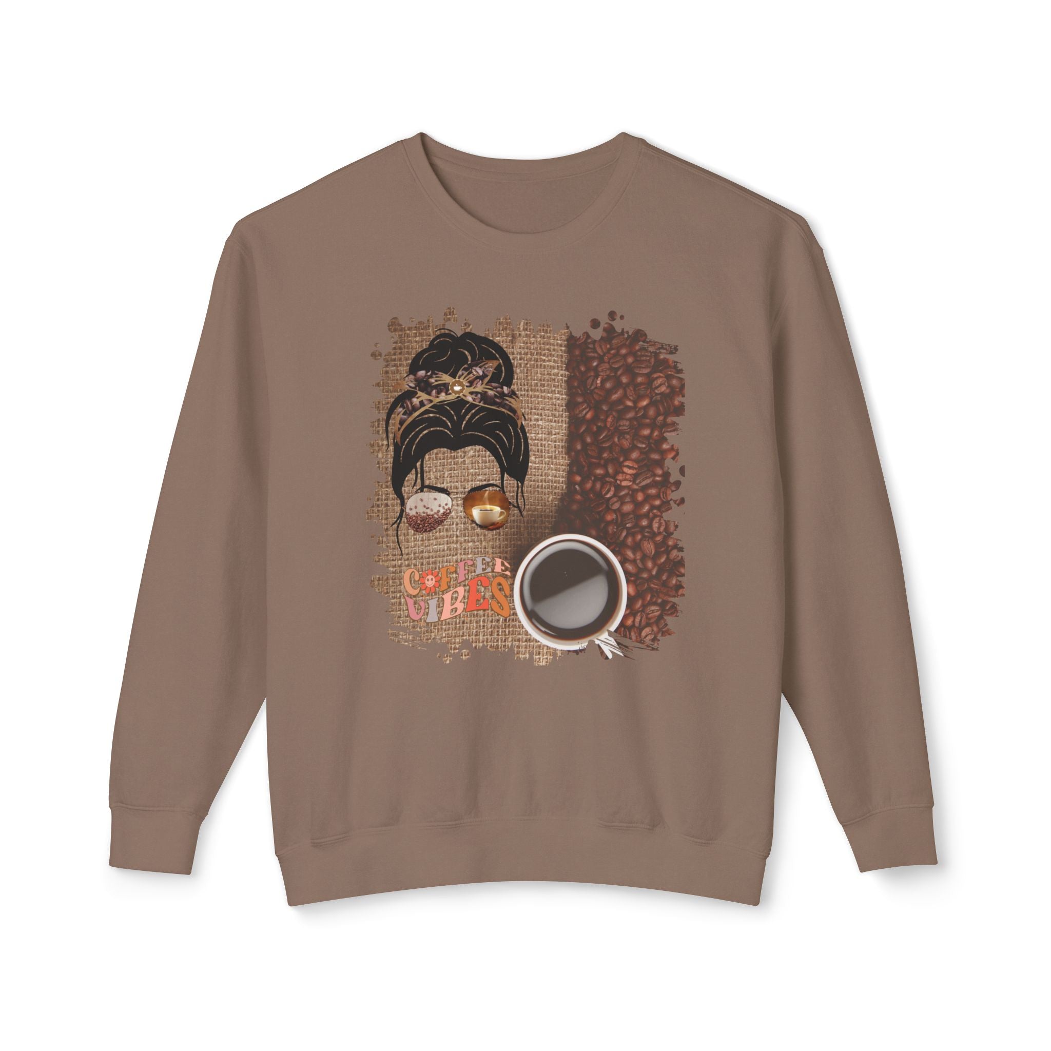 Coffee Vibes, Coffee Beans Bag, Dark Hair Messy Bun, Unisex Lightweight Crewneck Sweatshirt
