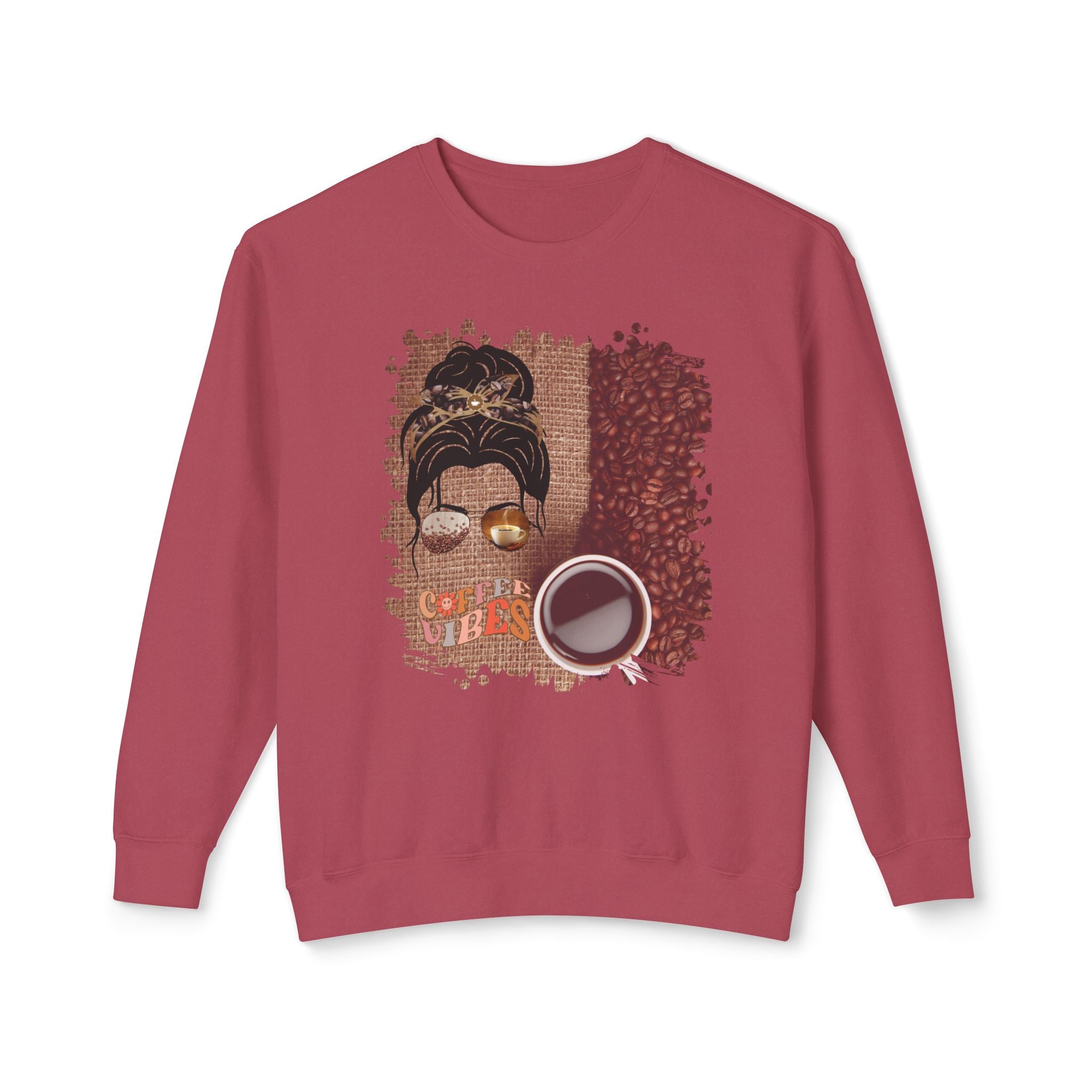 Coffee Vibes, Coffee Beans Bag, Dark Hair Messy Bun, Unisex Lightweight Crewneck Sweatshirt