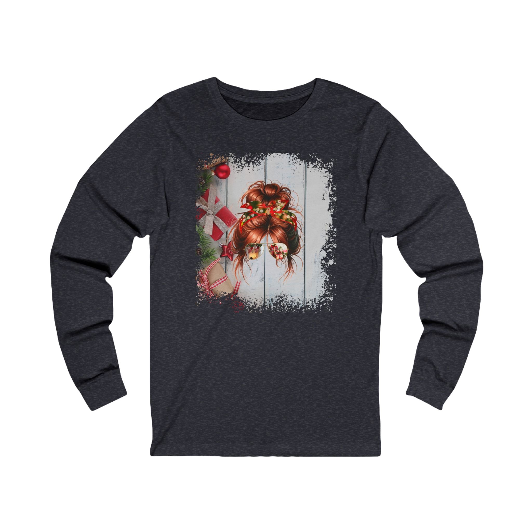 Christmas Presents, Red Hair Messy Bun, Unisex Jersey Long Sleeve Tee