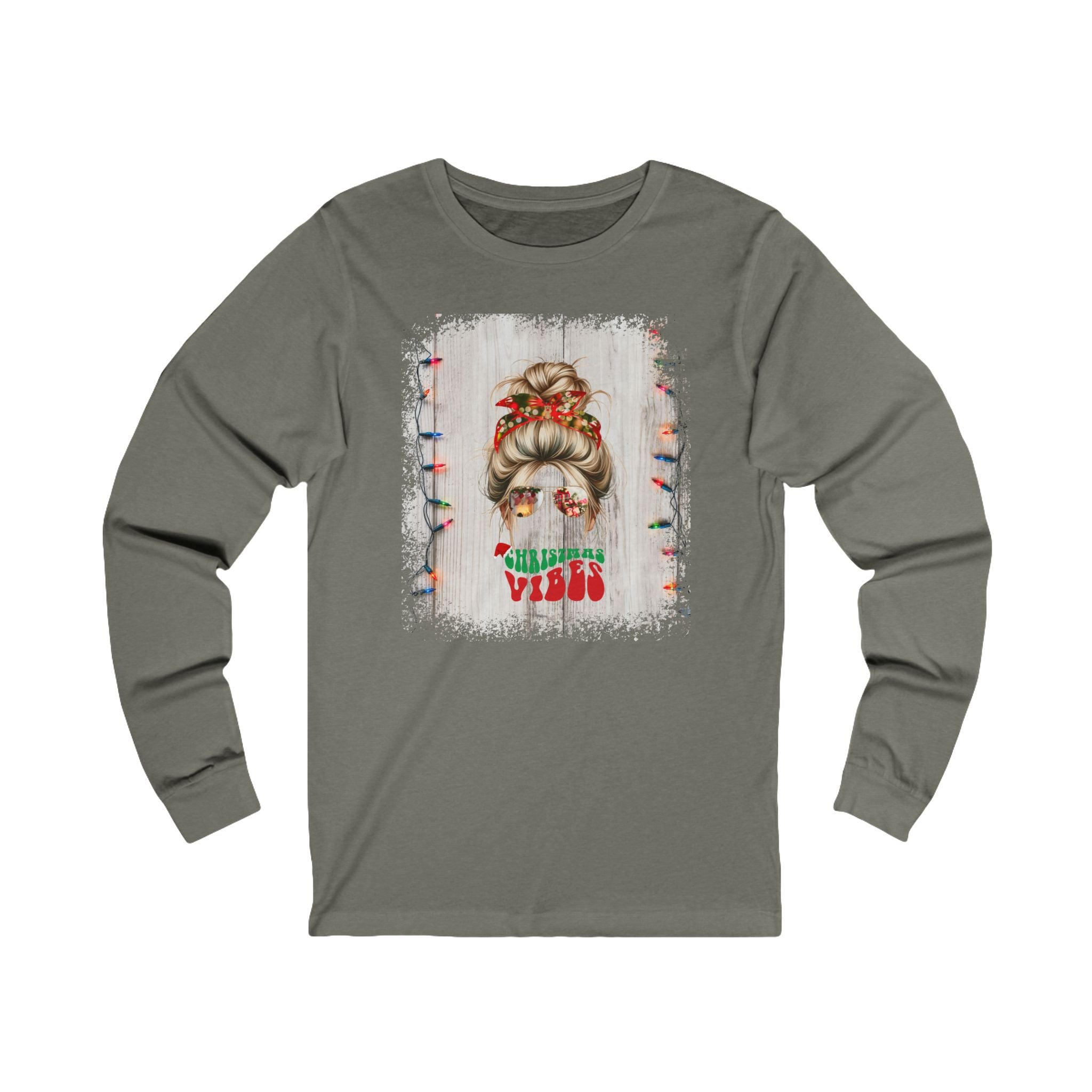 Christmas Vibes Christmas Lights String, Blond Hair Messy Bun, Unisex Jersey Long Sleeve Tee