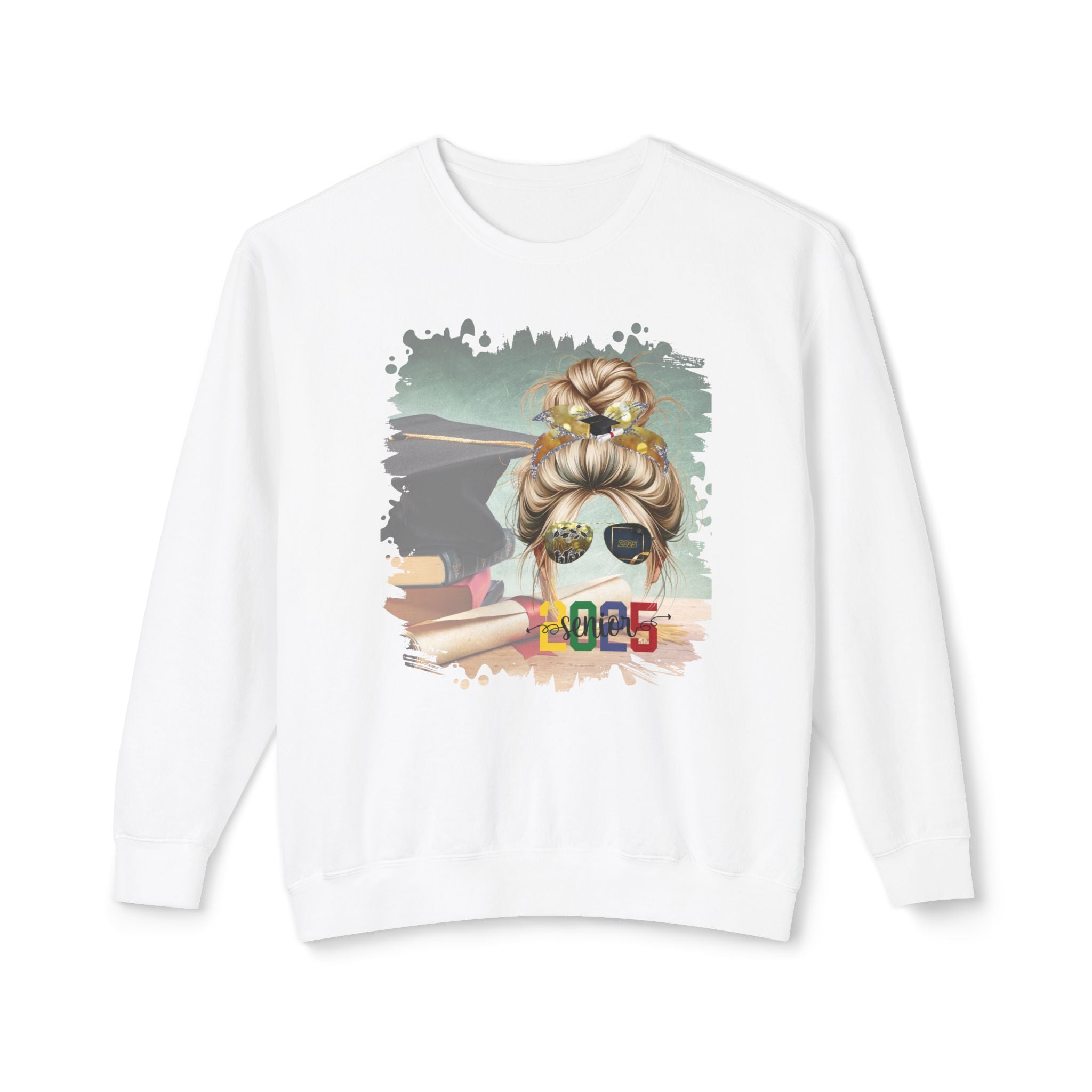 Senior 2025 Colorful, Cap & Degree/Diploma, Blond Hair Messy Bun, Unisex Lightweight Crewneck Sweatshirt