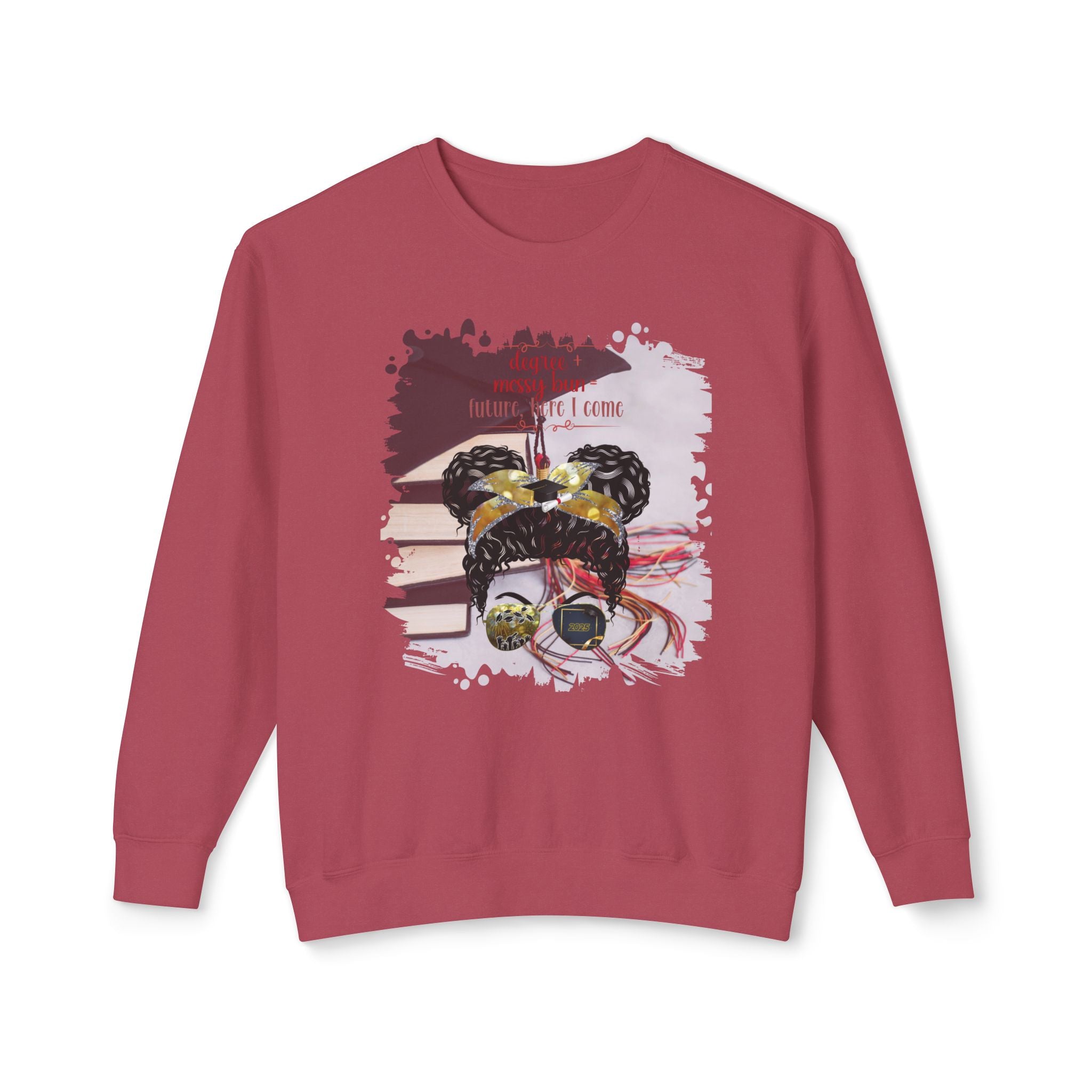 Degree + Messy Bun, Cap & Books, Black Hair Messy Bun, Unisex Lightweight Crewneck Sweatshirt