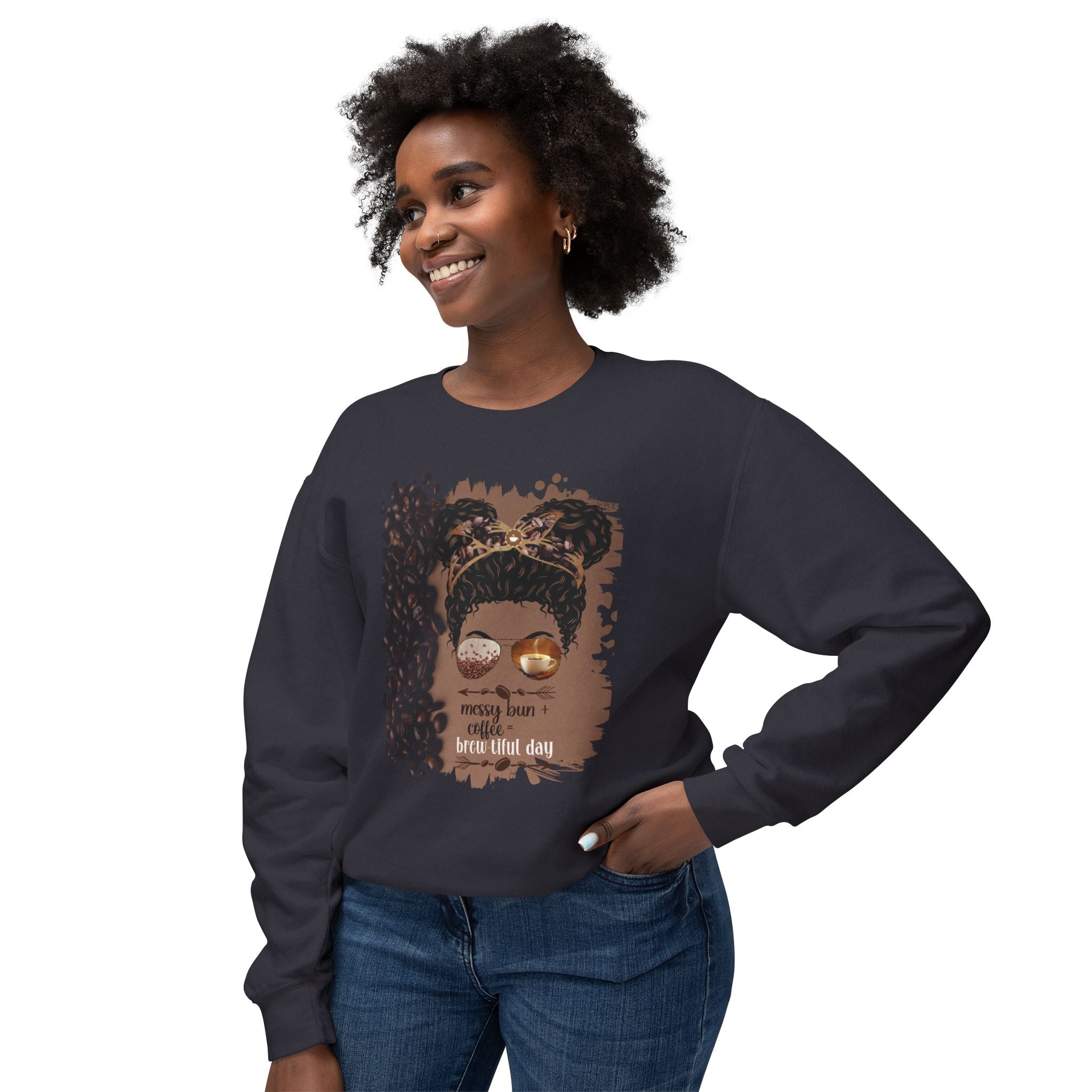 Messy Bun plus Coffee, Coffee Beans Shade, Black Hair Messy Bun, Unisex Lightweight Crewneck Sweatshirt