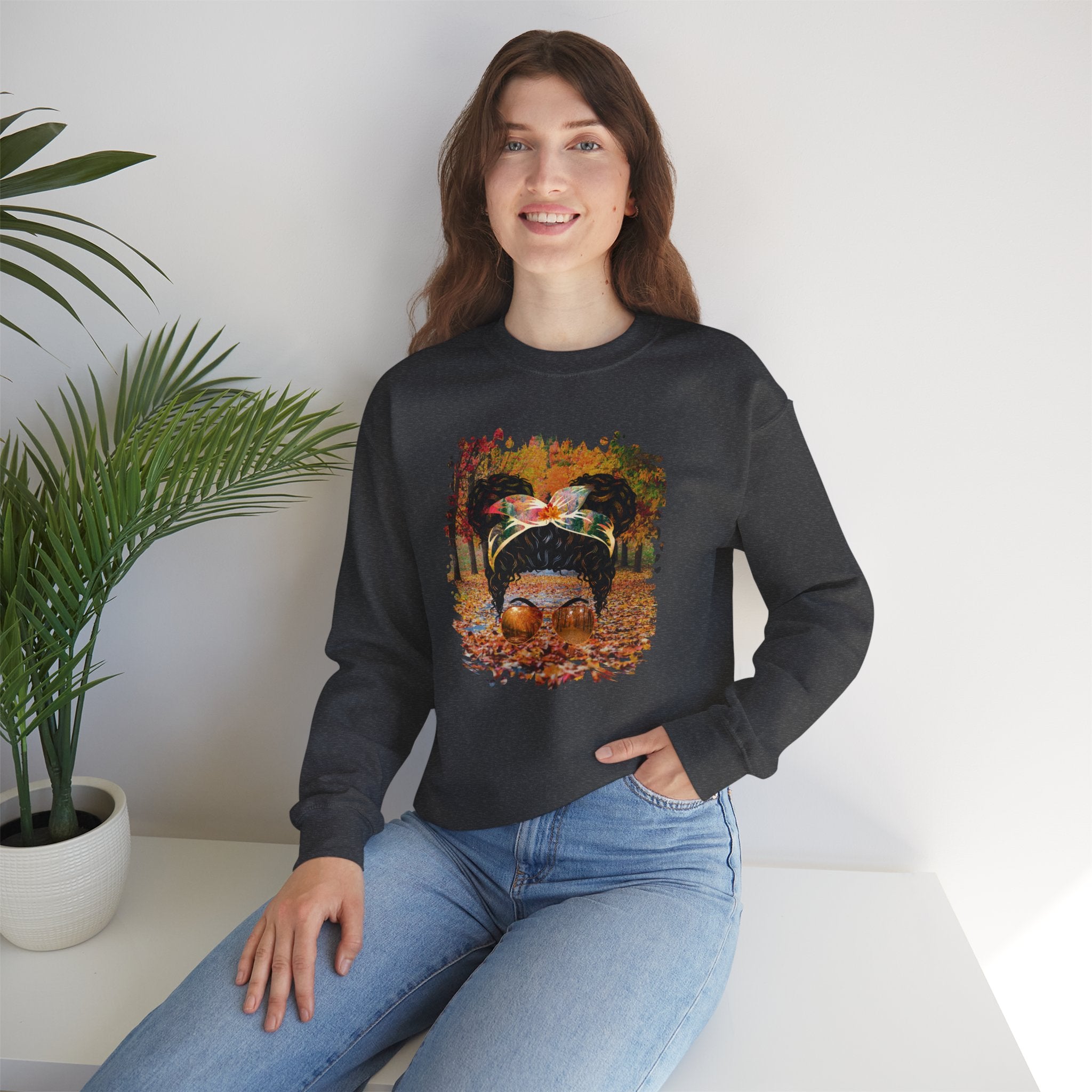 Fall Trail, Black Hair Messy Bun, Unisex Heavy Blend™ Crewneck Sweatshirt