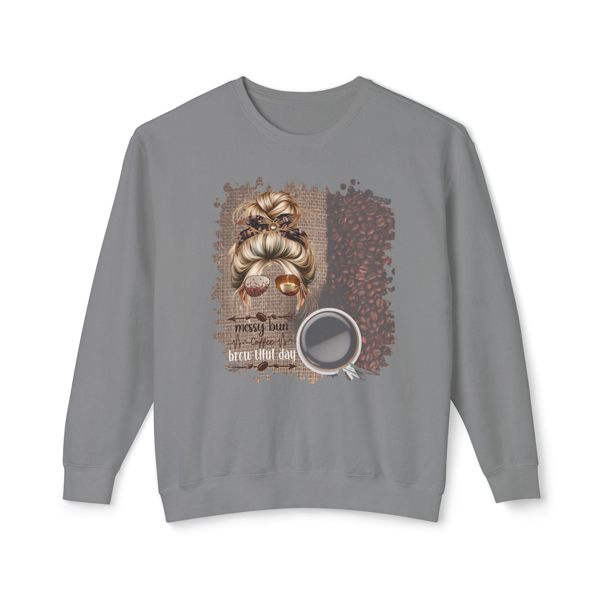 Coffee Heartbeat, Coffee Beans Bag, Blond Hair Messy Bun, Unisex Lightweight Crewneck Sweatshirt