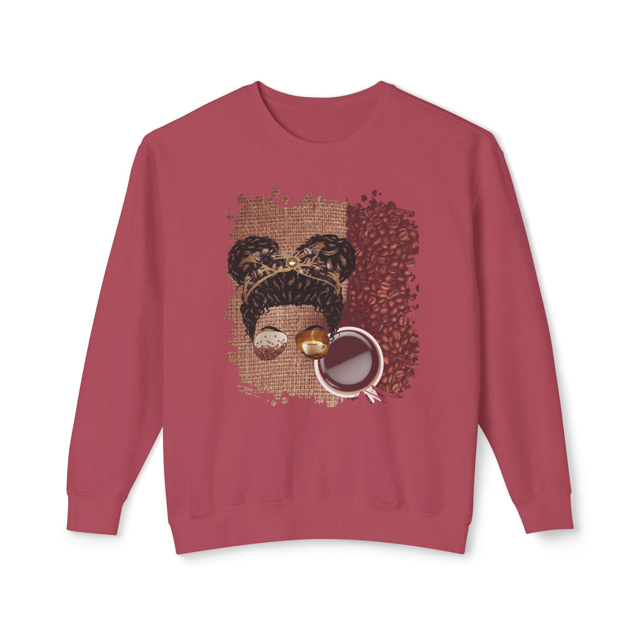 Coffee Beans Bag, Black Hair Messy Bun, Unisex Lightweight Crewneck Sweatshirt