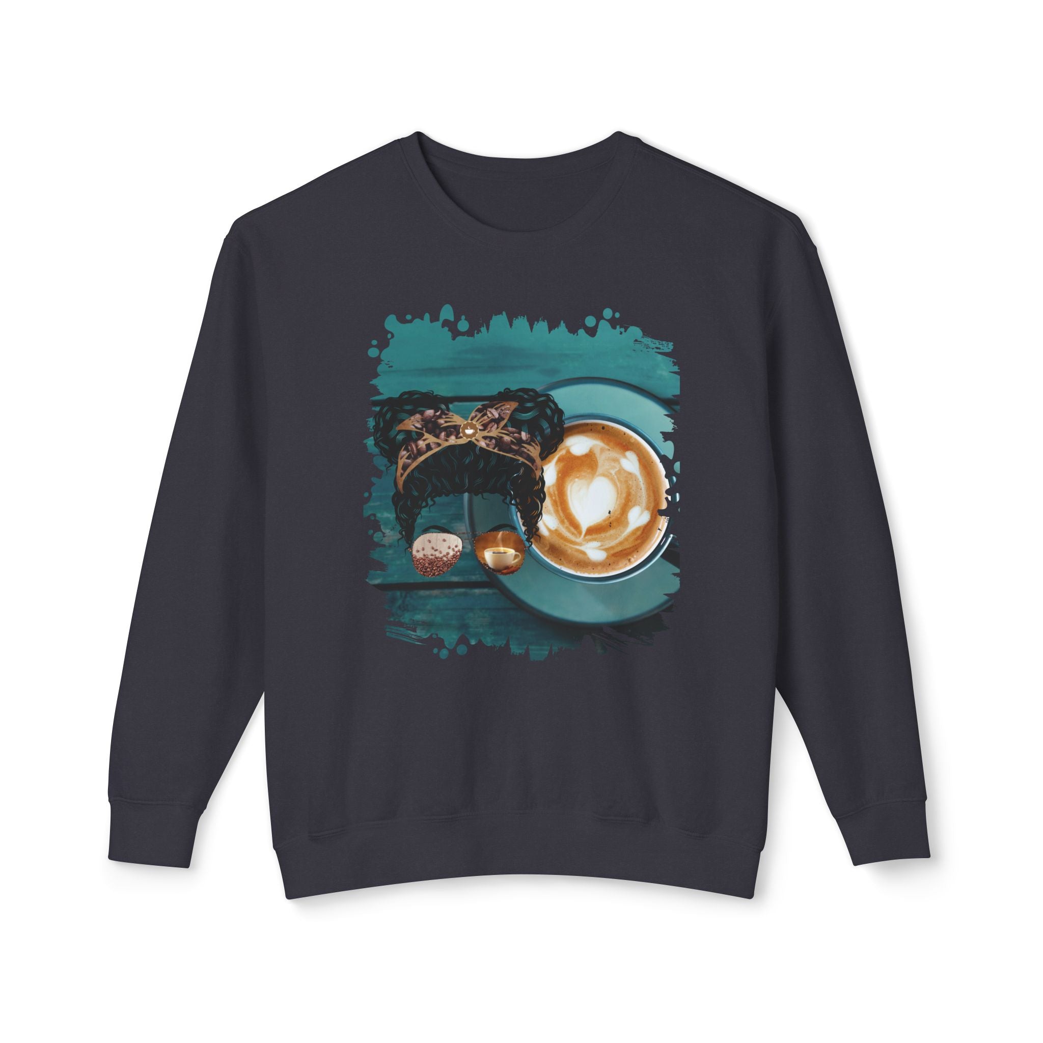 Coffee Cup, Black Hair Messy Bun, Unisex Lightweight Crewneck Sweatshirt