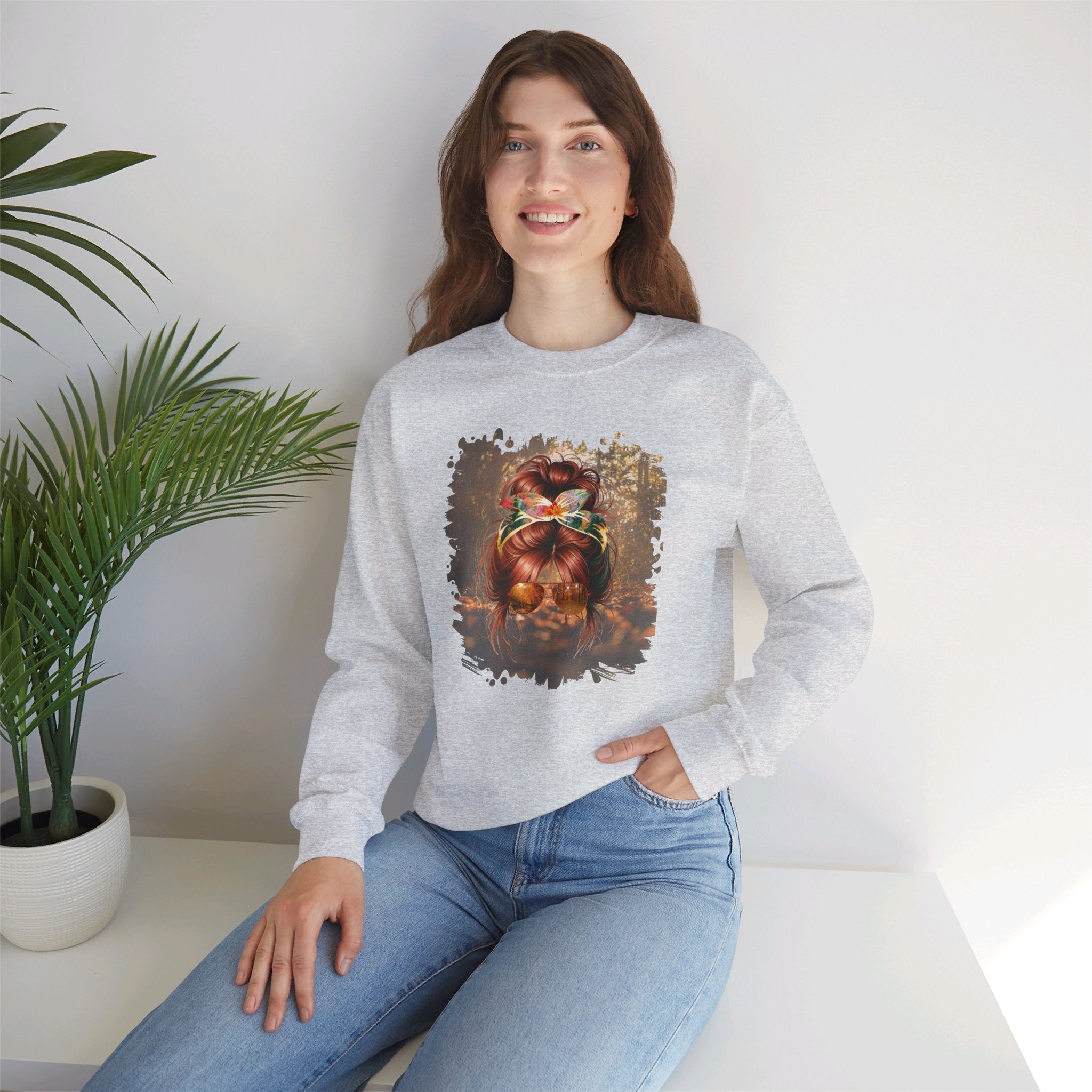 Fall Forest, Red Hair Messy Bun, Unisex Heavy Blend™ Crewneck Sweatshirt