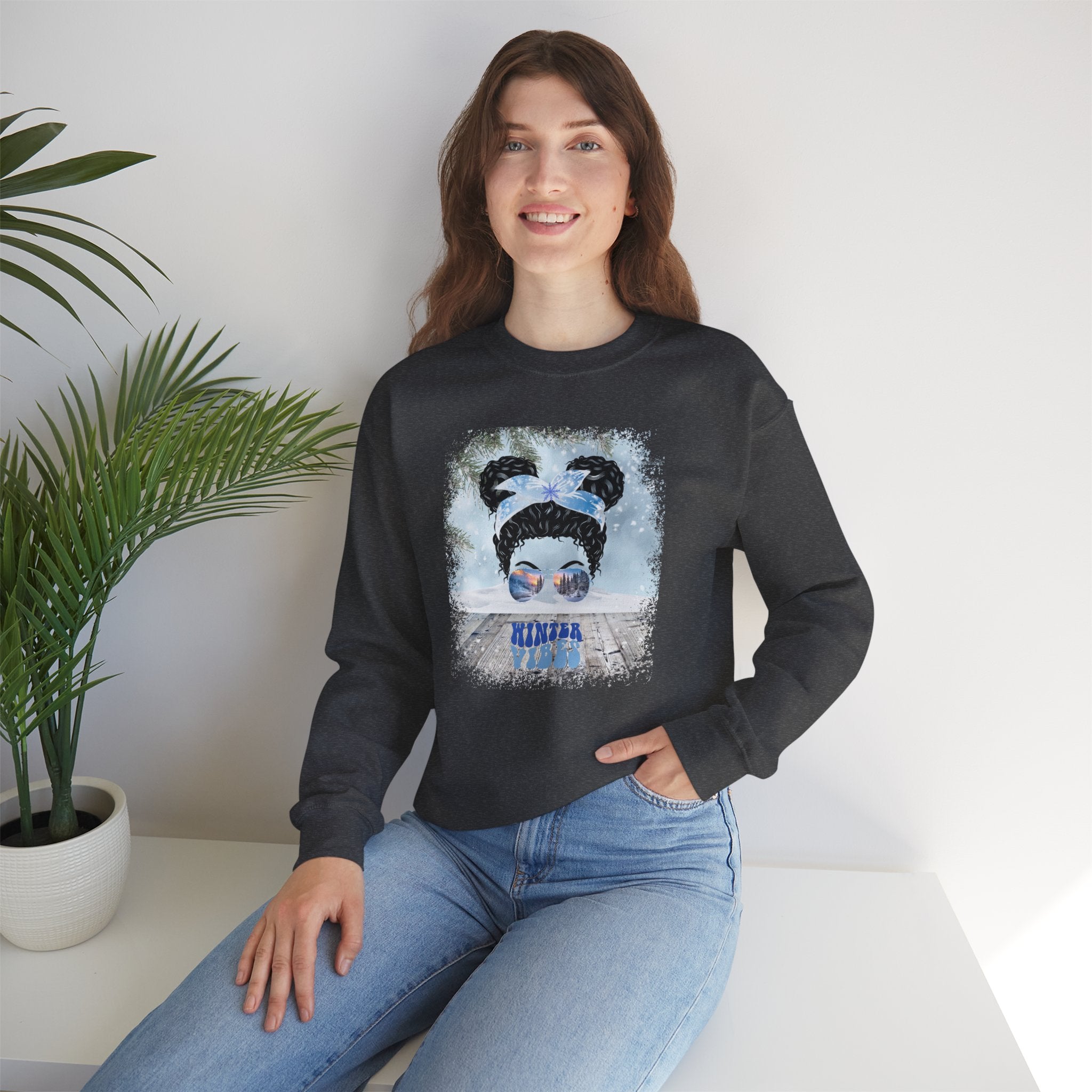 Winter Vibes Snowy Porch, Black Hair Messy Bun, Unisex Heavy Blend™ Crewneck Sweatshirt