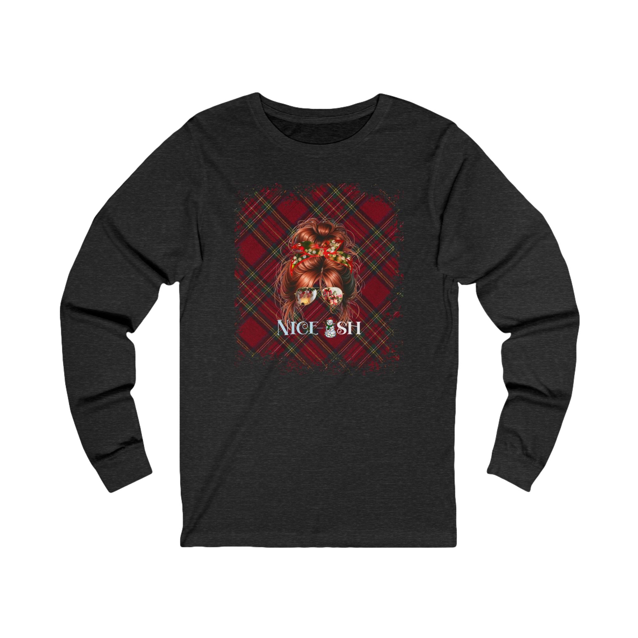 Nice-ish Christmas Plaid, Red Hair Messy Bun, Unisex Jersey Long Sleeve Tee