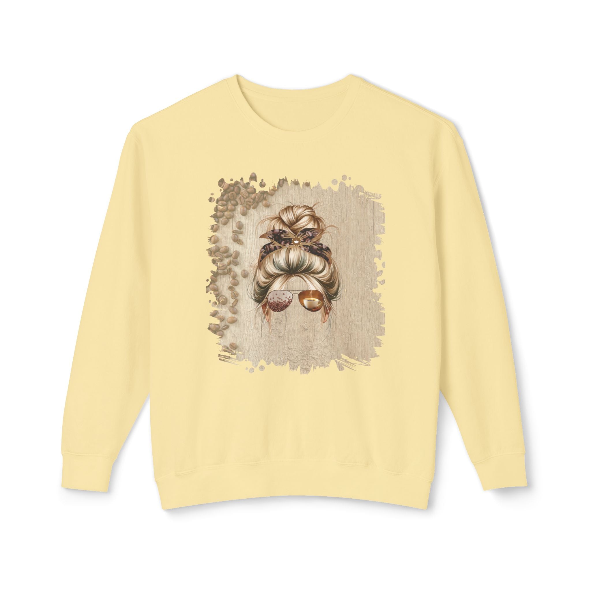 Coffee Beans Table, Blond Hair Messy Bun, Unisex Lightweight Crewneck Sweatshirt