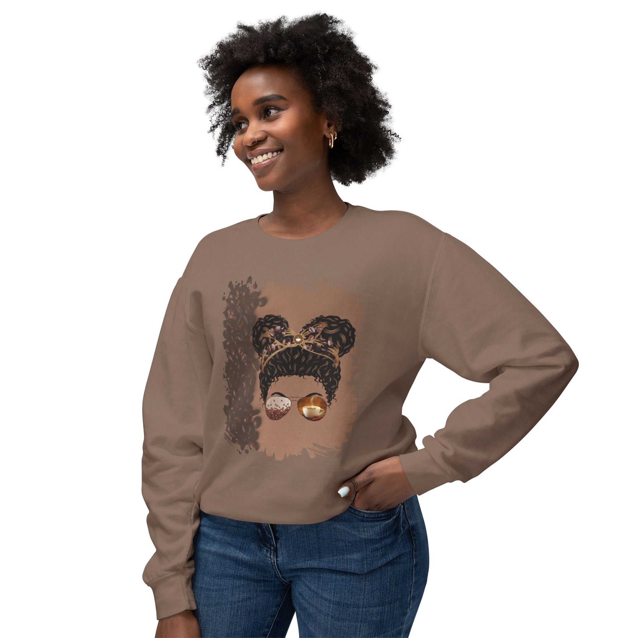 Coffee Beans Shade, Black Hair Messy Bun, Unisex Lightweight Crewneck Sweatshirt