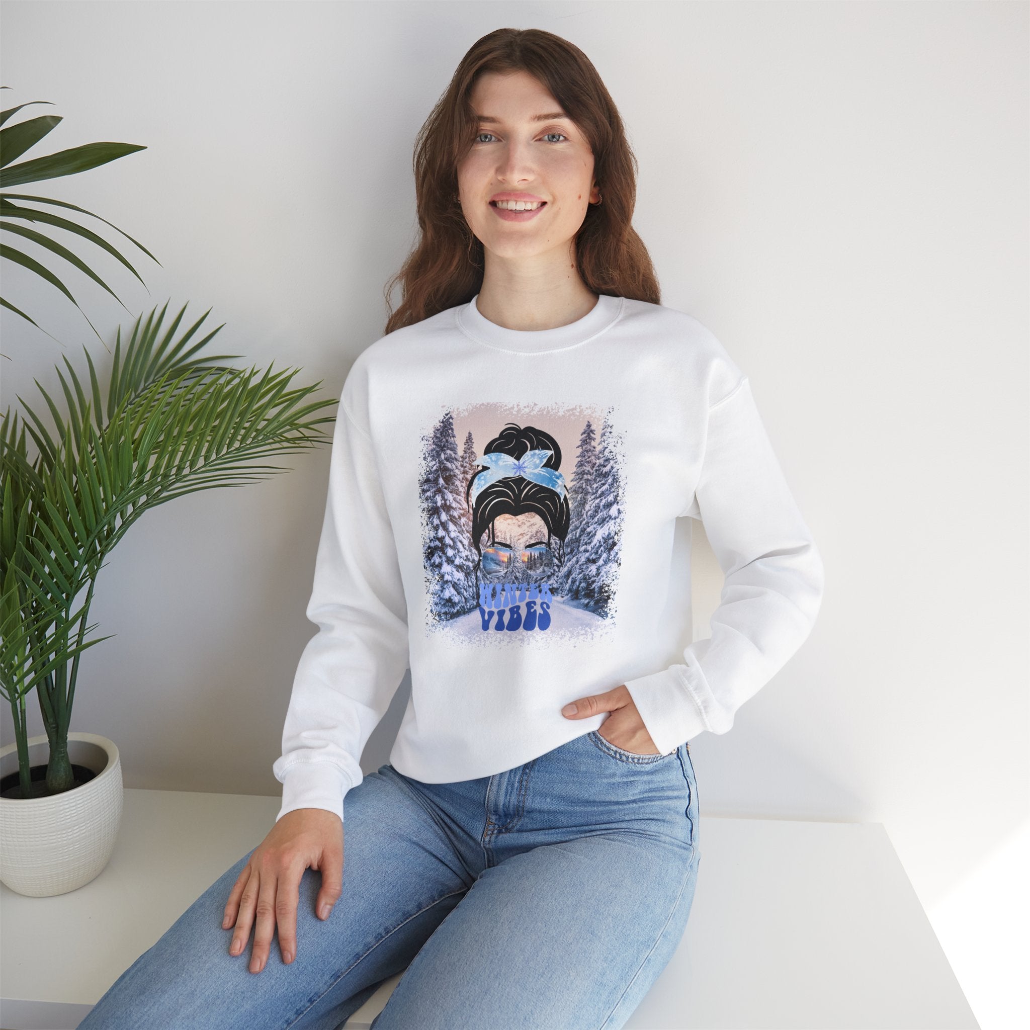 Winter Vibes Winter Trail, Dark Hair Messy Bun, Unisex Heavy Blend™ Crewneck Sweatshirt