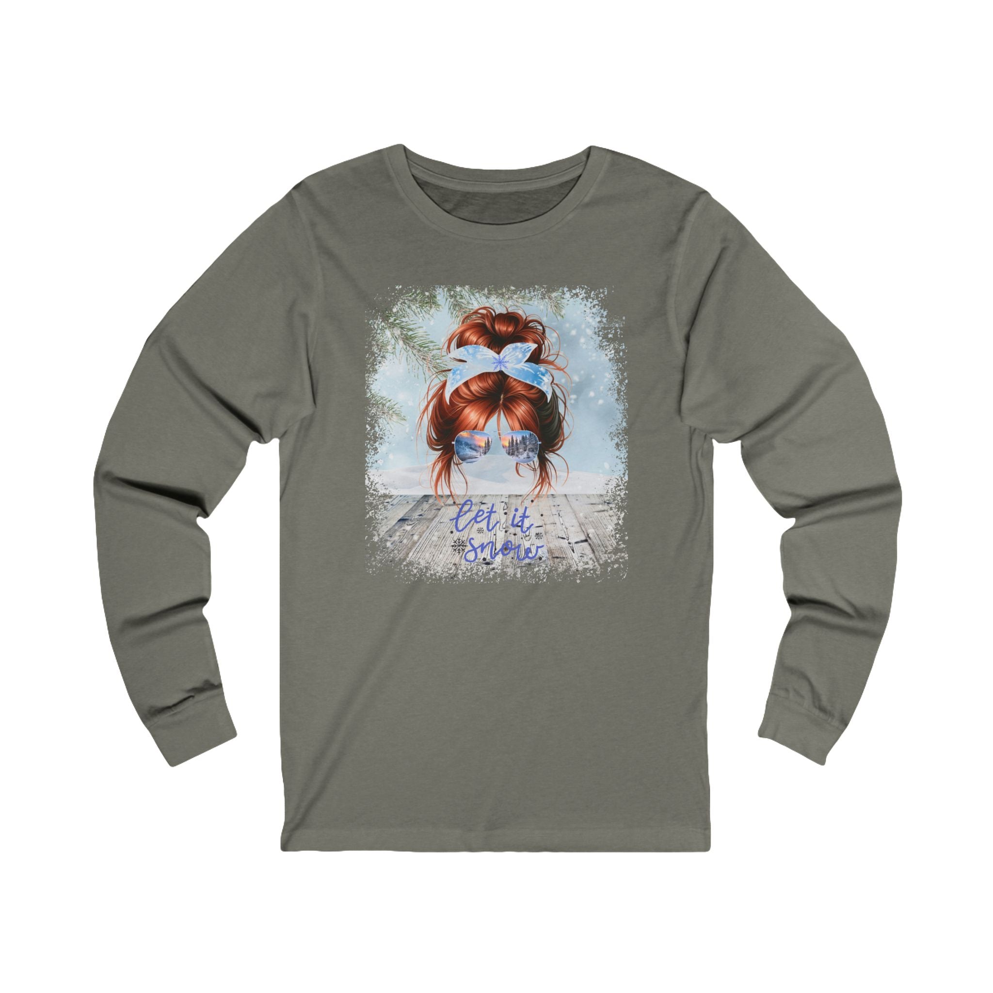 Let it Snow Winter Snowy Porch, Red Hair Messy Bun, Unisex Jersey Long Sleeve Tee