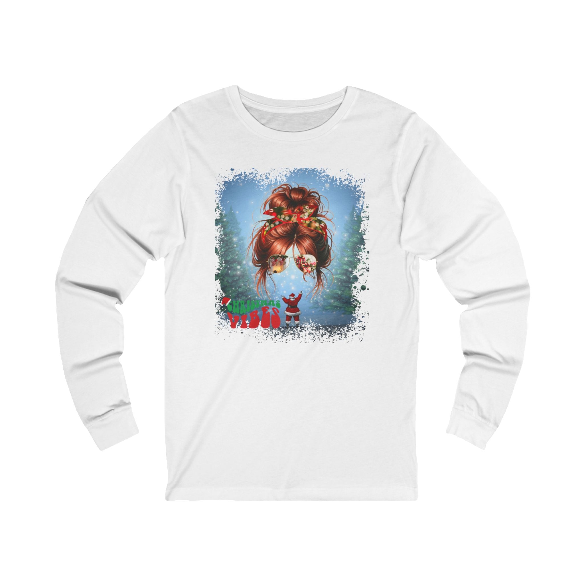 Christmas Vibes Santa, Red Hair Messy Bun, Unisex Jersey Long Sleeve Tee