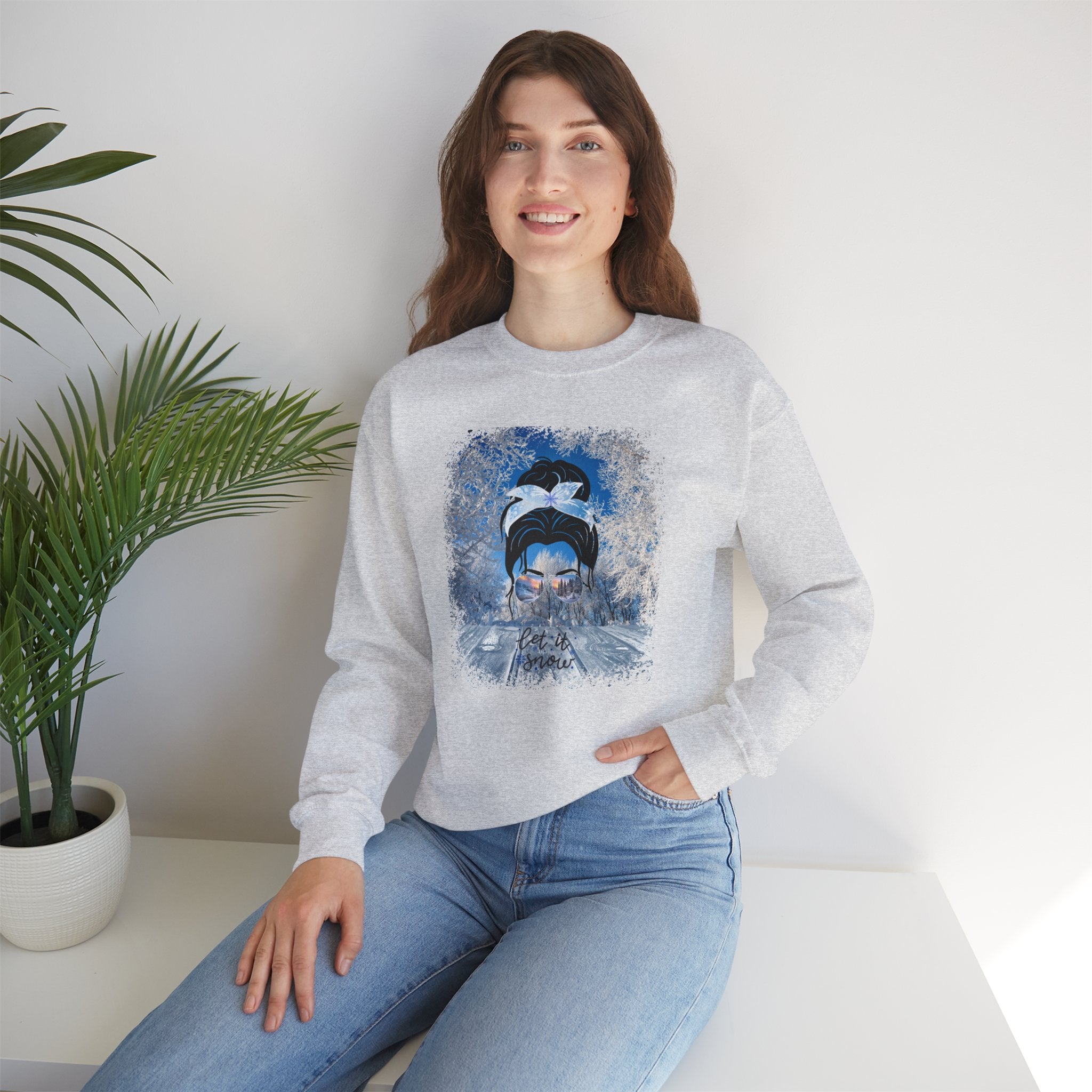 Let it Snow Winter Porch, Dark Hair Messy Bun, Unisex Heavy Blend™ Crewneck Sweatshirt