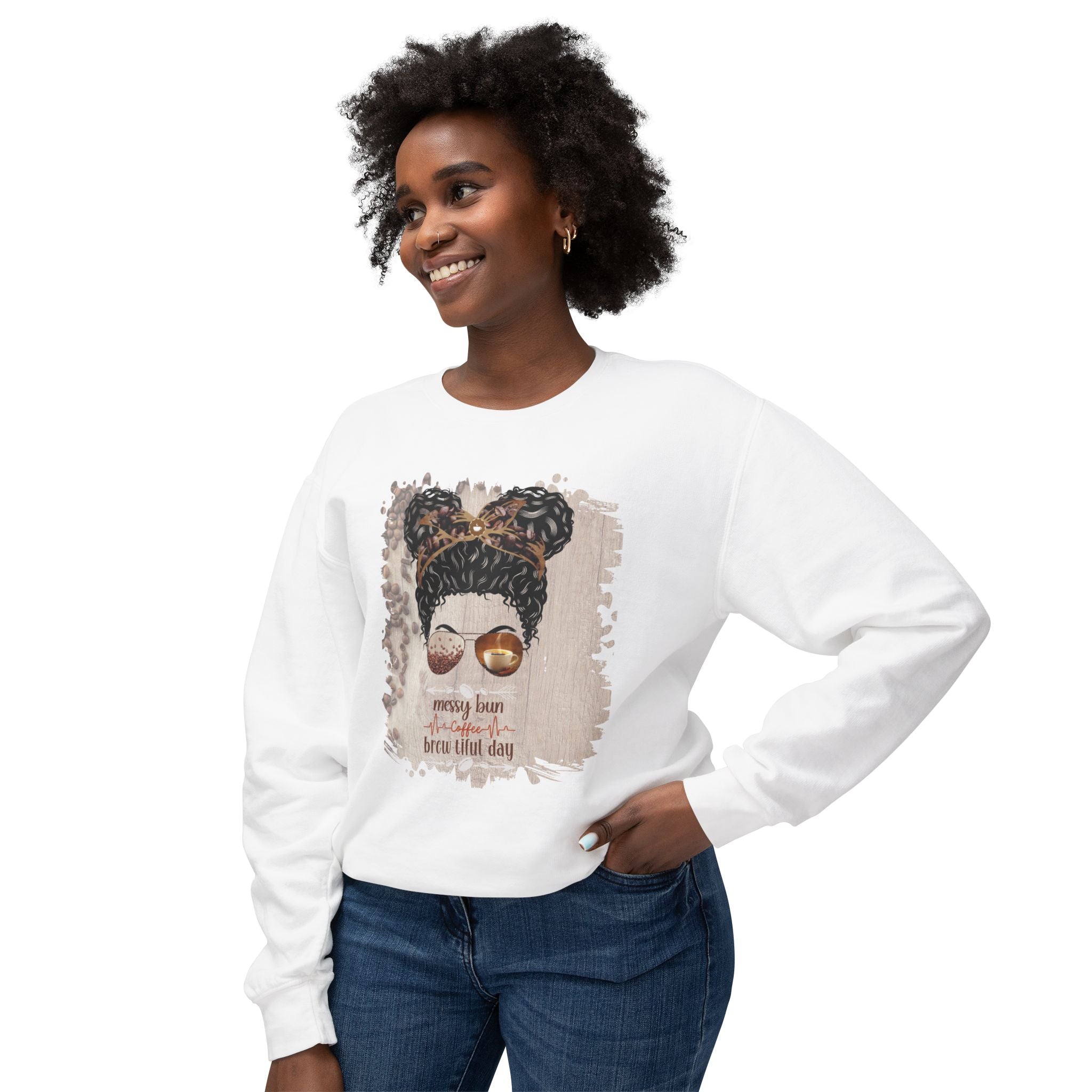 Coffee Heartbeat, Coffee Beans Table, Black Hair Messy Bun, Unisex Lightweight Crewneck Sweatshirt