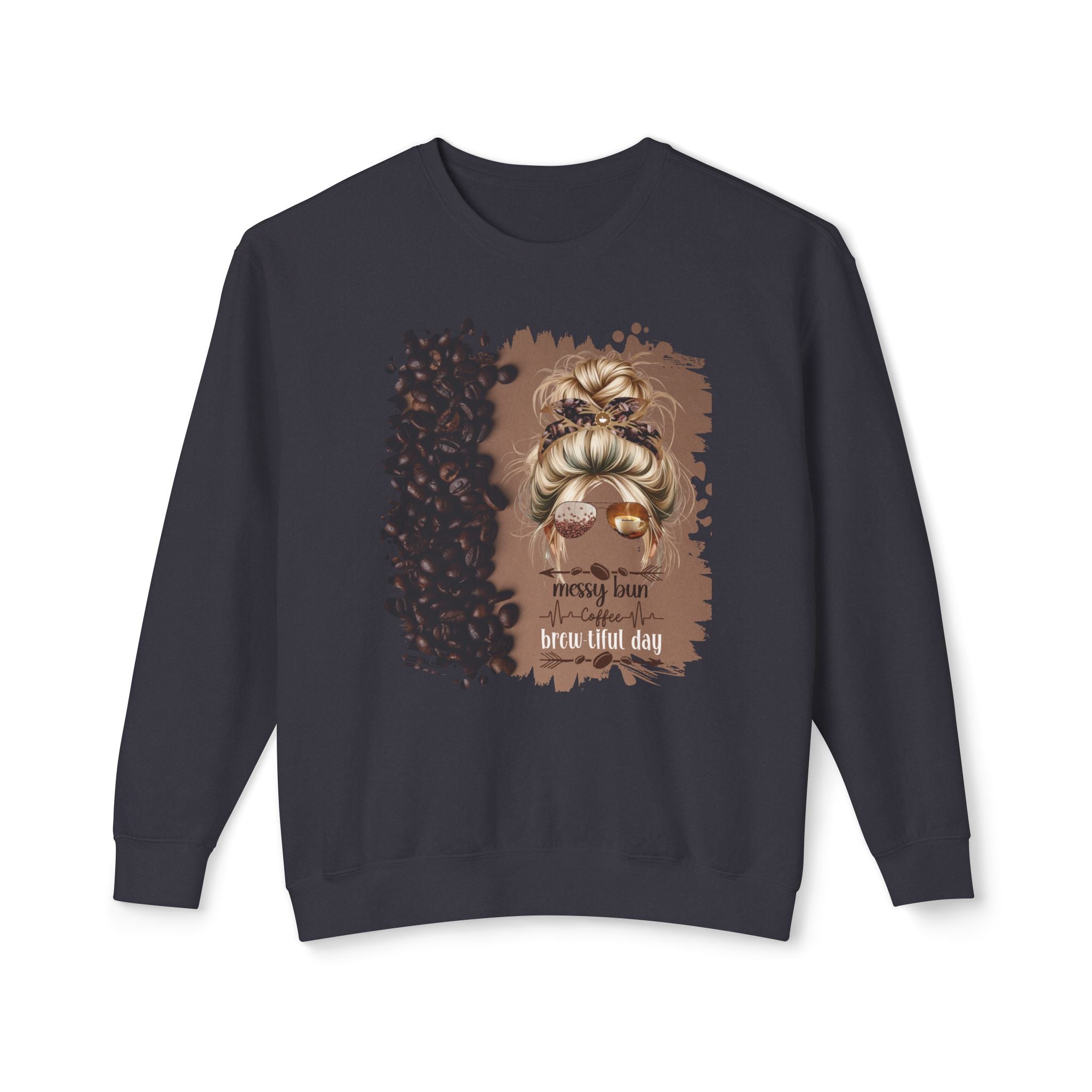Messy Bun Coffee Heartbeat, Coffee Beans Shade, Blond Hair Messy Bun, Unisex Lightweight Crewneck Sweatshirt
